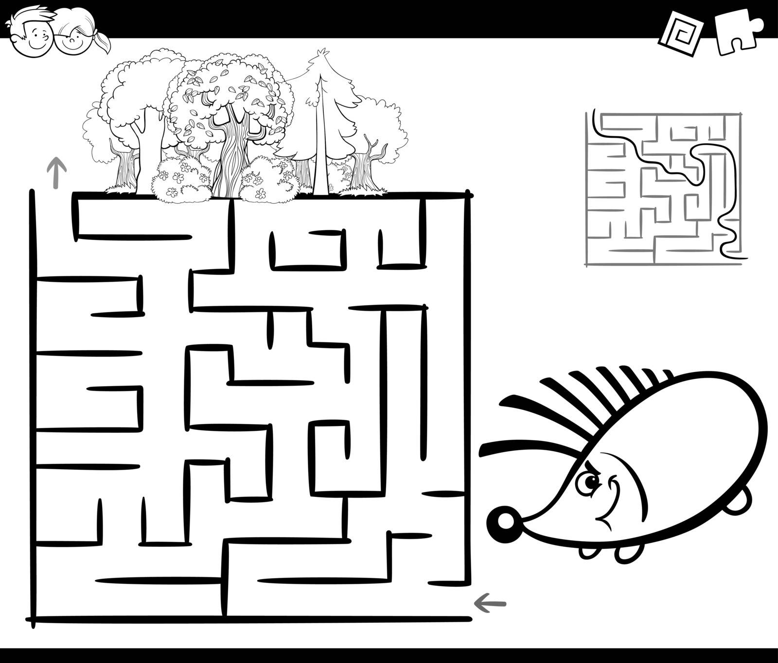 Black and White Cartoon Illustration of Education Maze or Labyrinth Game for Children with Hedgehog and Forest Coloring Page