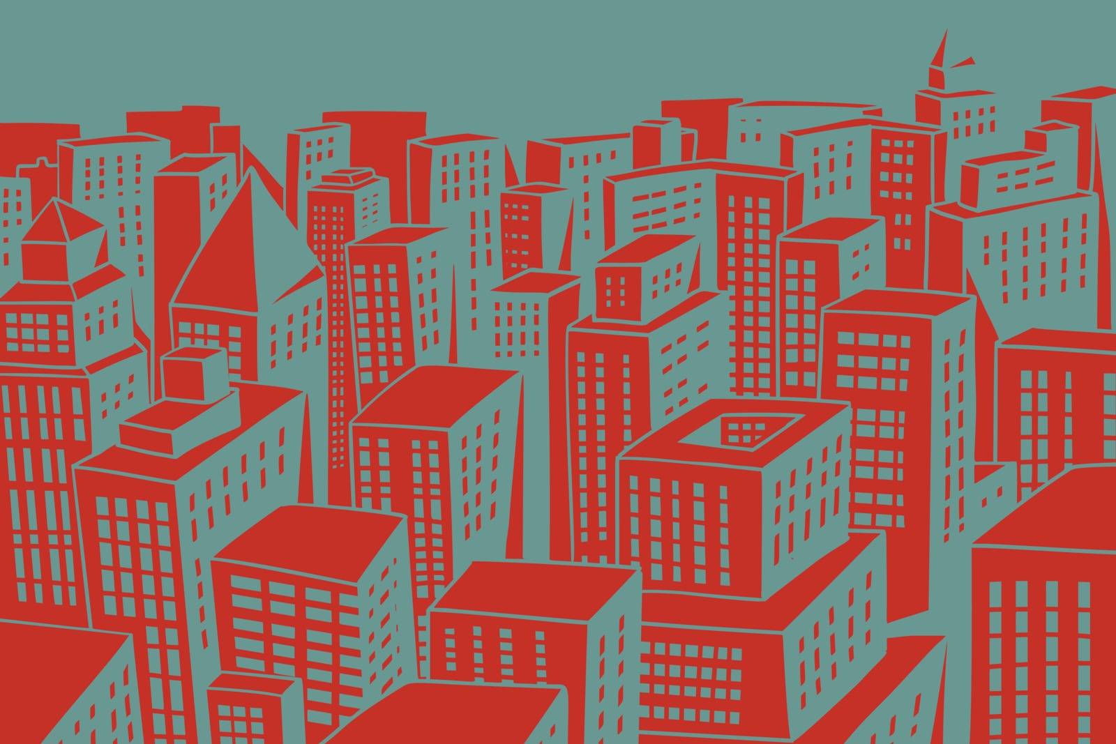 red roofs of the modern city with skyscrapers. Comic book cartoon pop art retro colored drawing vintage illustration