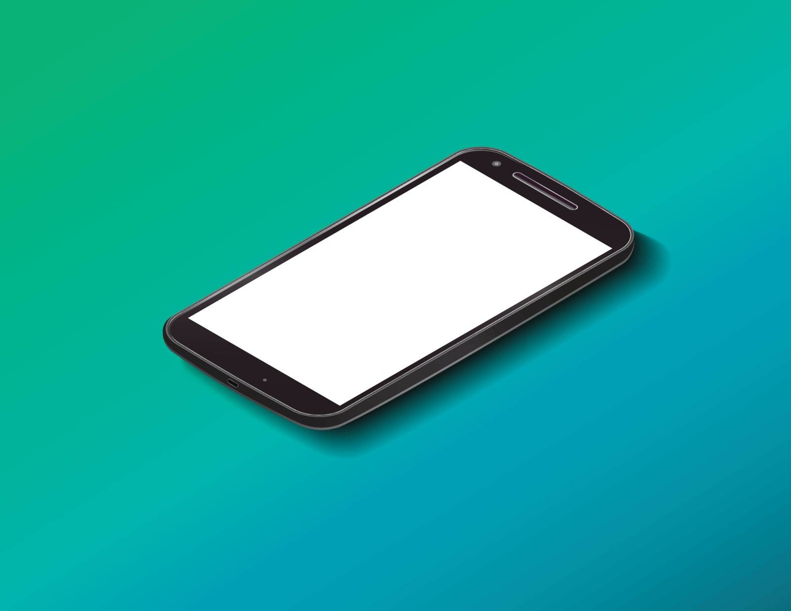Realistic black smartphone cellular with shadow effect in isometry on a green background. Vector illustration.