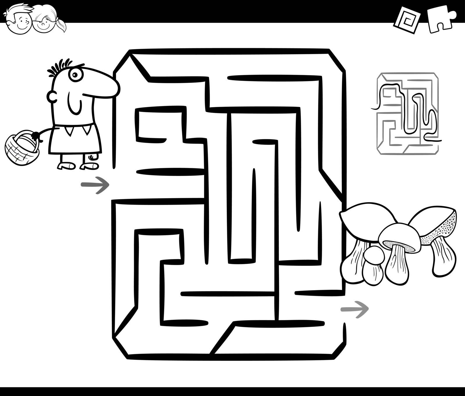 Black and White Cartoon Illustration of Education Maze or Labyrinth Game for Children with Man with Basket and Mushrooms Coloring Page