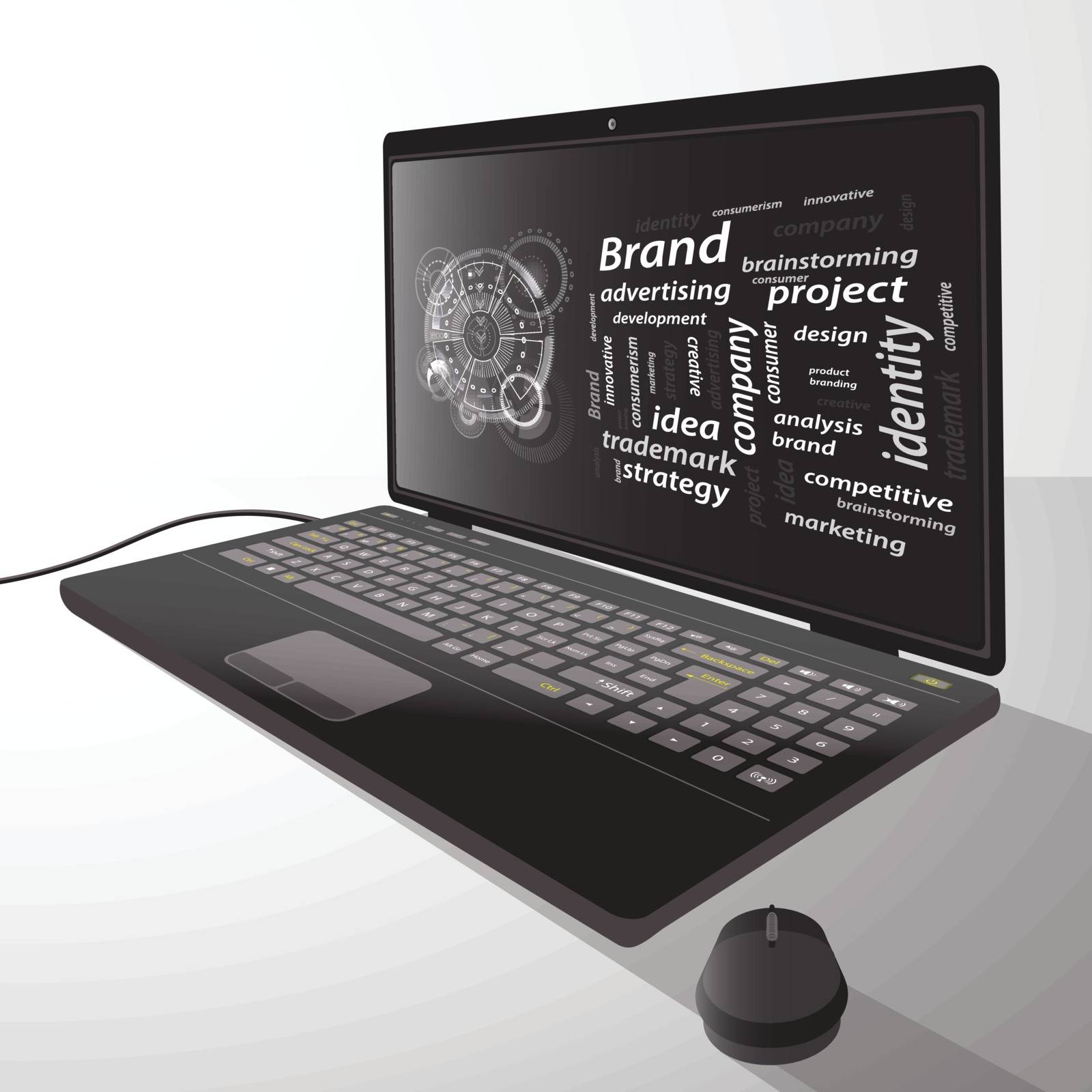 Brand concept. Inscriptions with a techno circle. Laptop, desktop computer. From the side. Illustration for your design