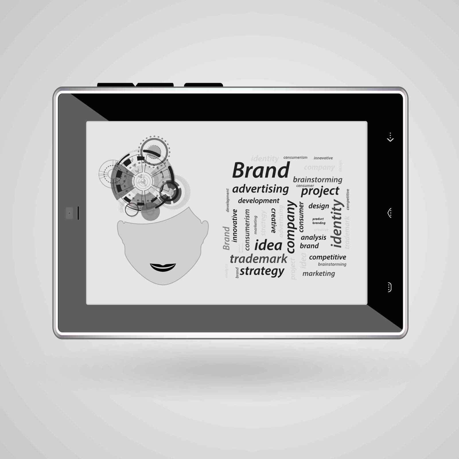 Brand concept. Inscriptions on a gray background. Tablet computer. Illustration for your design