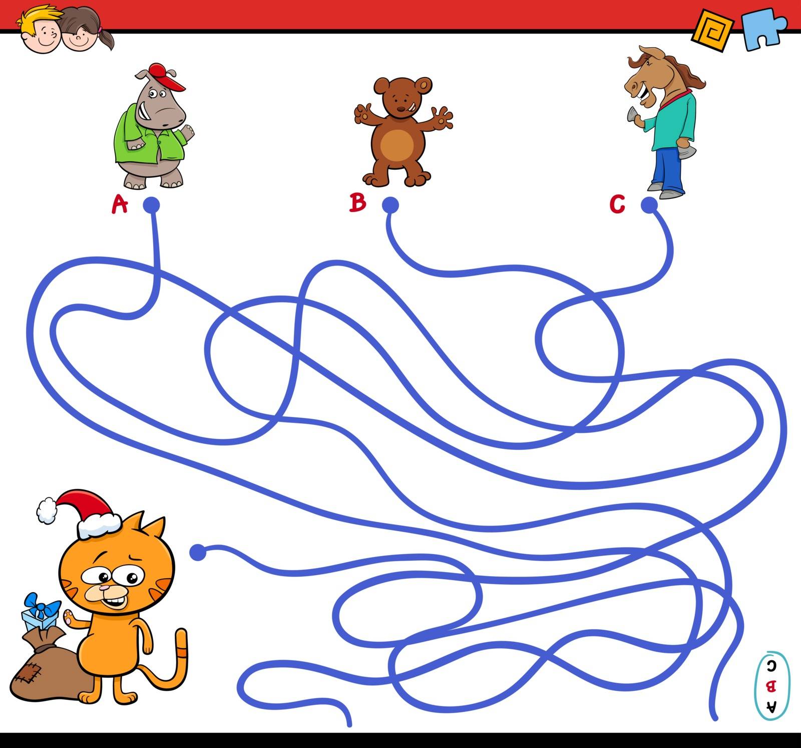 Cartoon Illustration of Paths or Maze Puzzle Activity Game with Animal Characters on Christmas Time