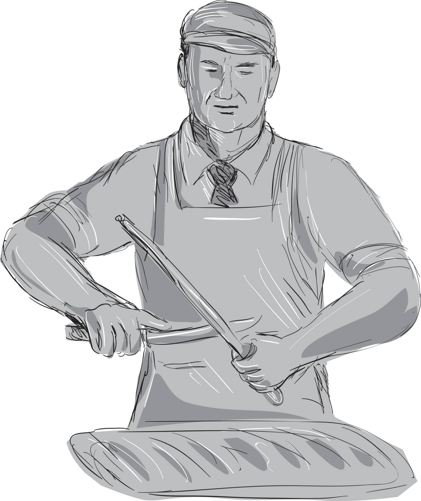 Illustration of a Vintage Butcher Sharpen Knife with cut of meat viewed from front done hand sketch Drawing style.