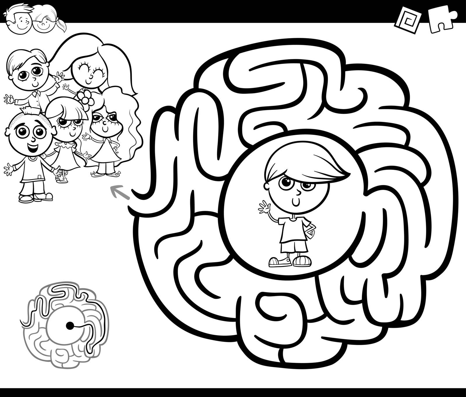 Black and White Cartoon Illustration of Education Maze or Labyrinth Game for Children with Kid Characters Coloring Page