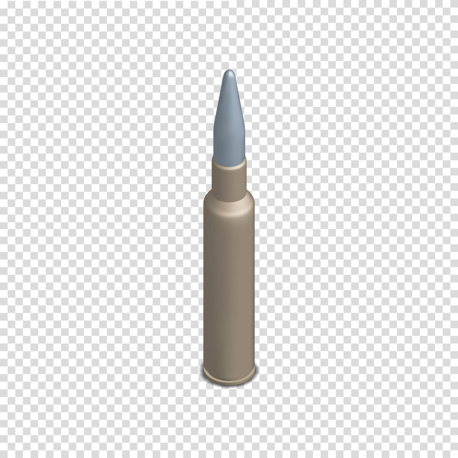 Photorealistic cartridge with a bullet isolated on white background. Design element firearms. 3D isometric style, vector illustration.