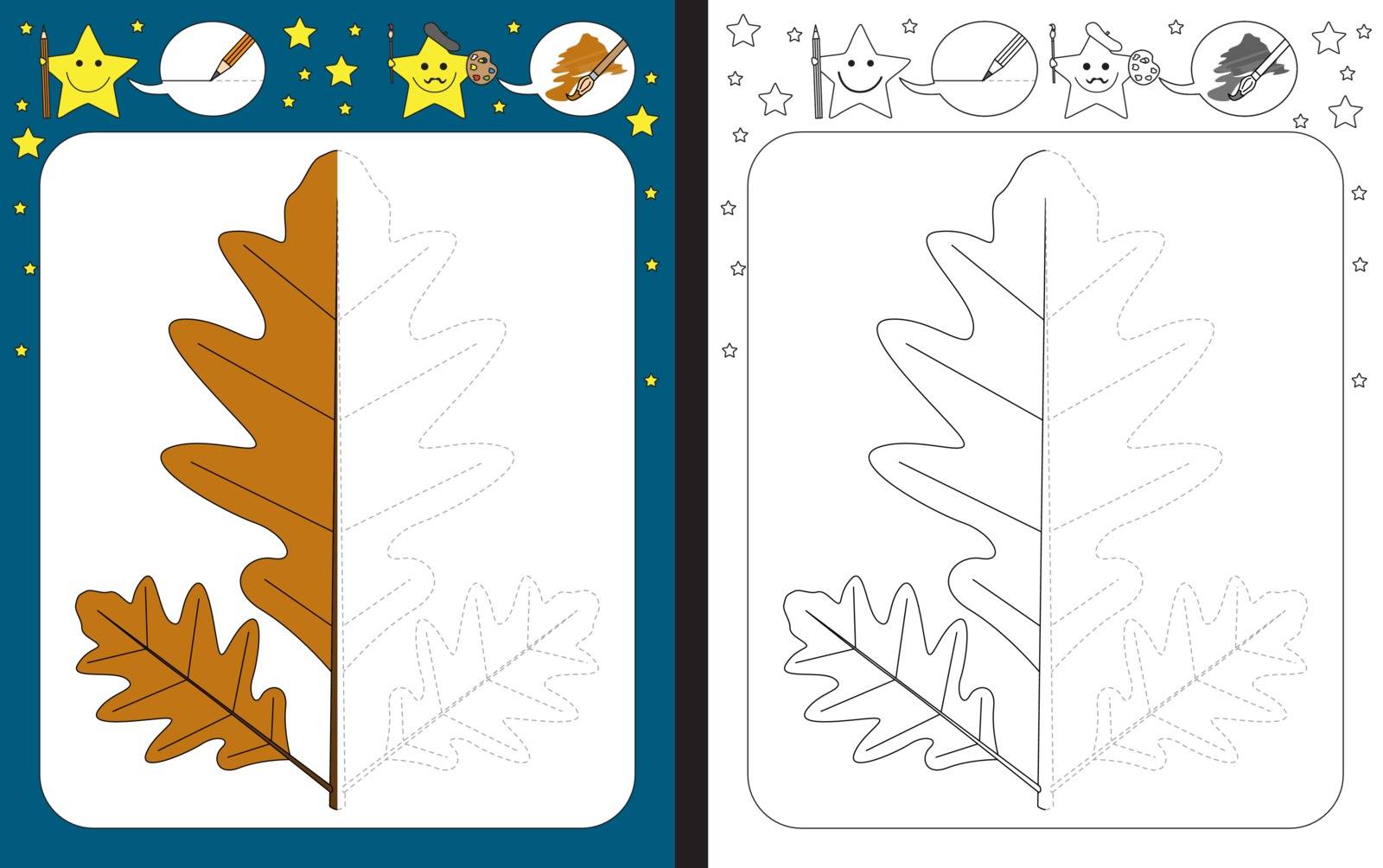 Preschool worksheet for practicing fine motor skills - tracing dashed lines - finish the illustration of oak leaves