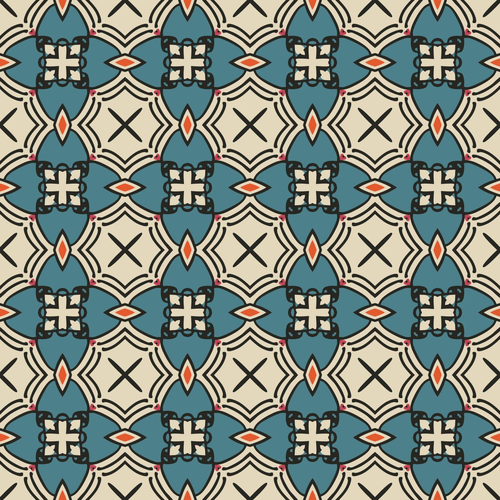 Seamless illustrated pattern made of abstract elements in beige,turquoise, orange and black