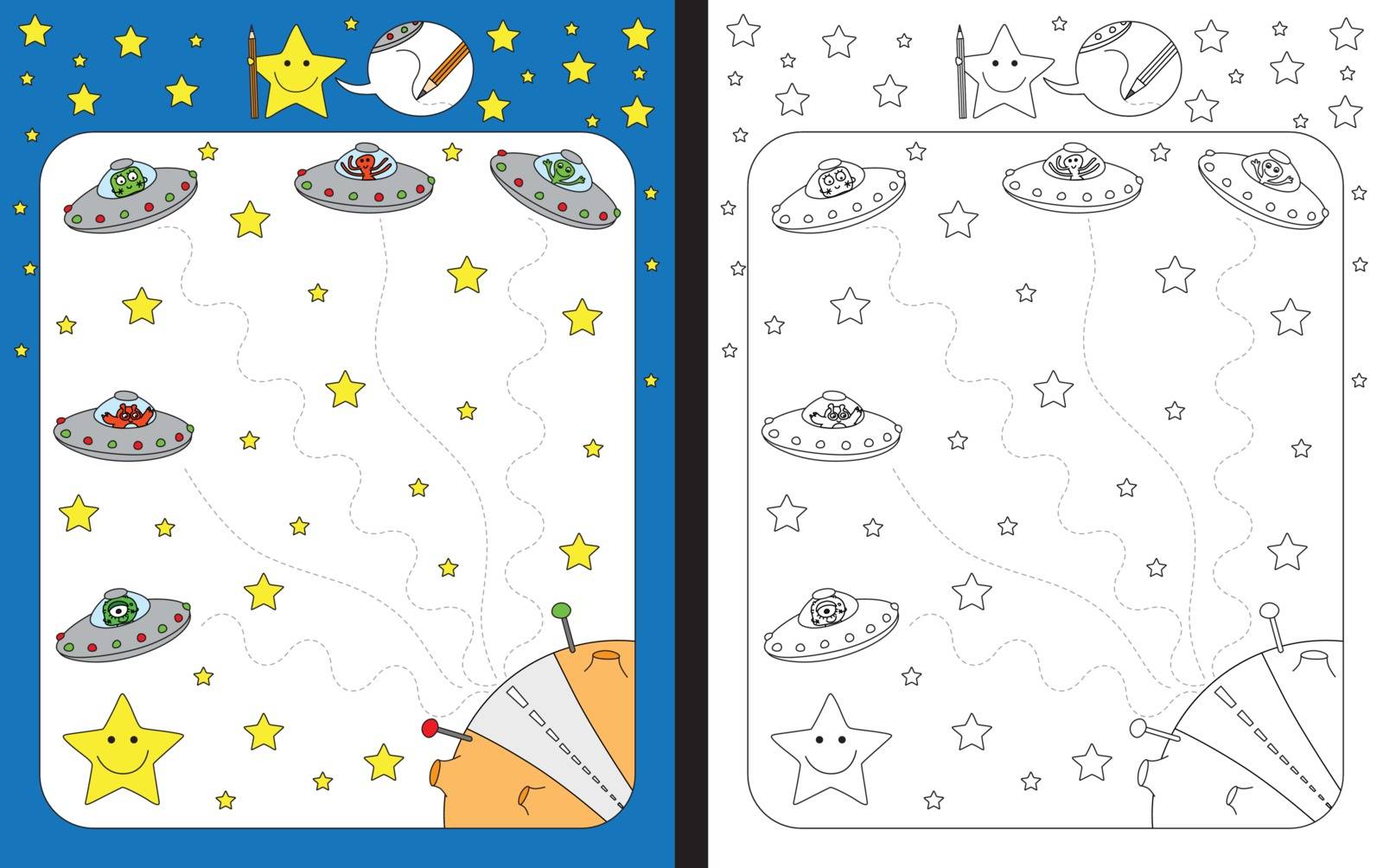 Preschool worksheet for practicing fine motor skills - tracing dashed lines of alien space ships landing on a planet