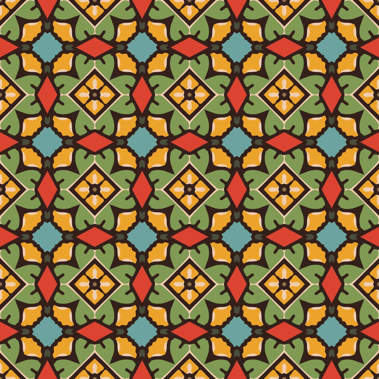 Seamless illustrated pattern made of abstract elements in beige,turquoise, orange, red, green and black