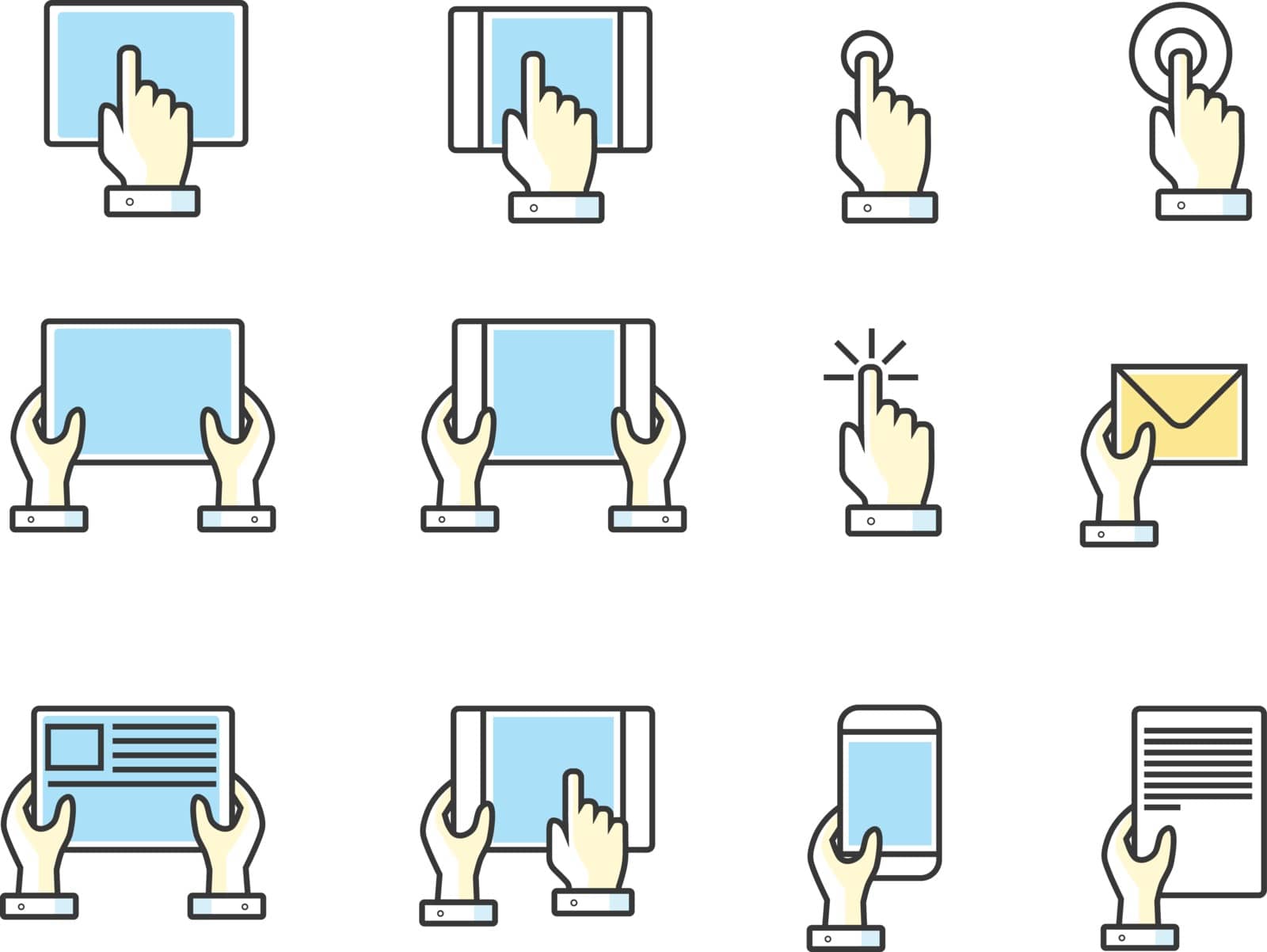Fingers and hands touch screen hand color line web icons. Vector illustration by glossygirl21