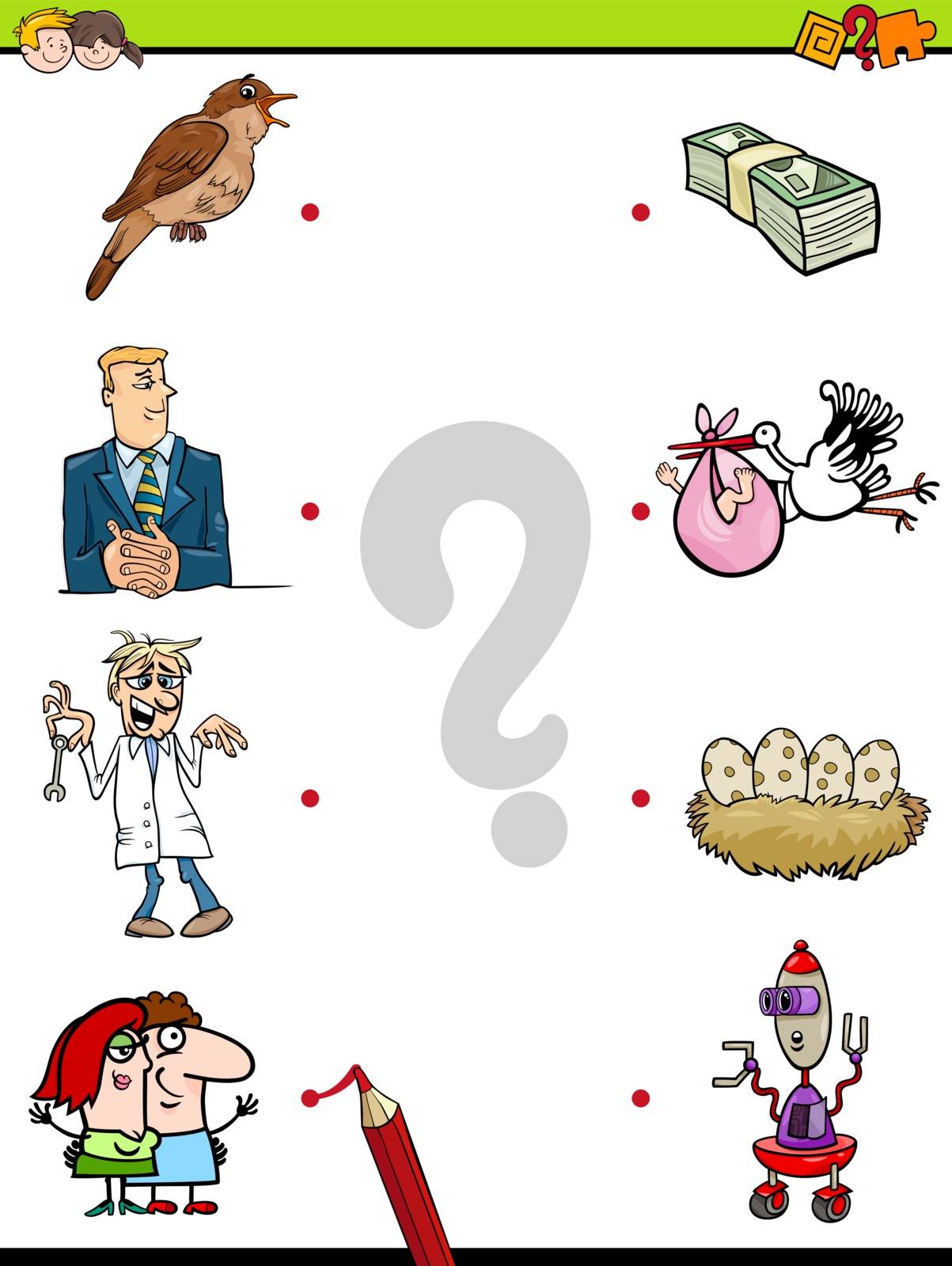Cartoon Illustration of Education Pictures Matching Game for Children with People and Animals and Objects