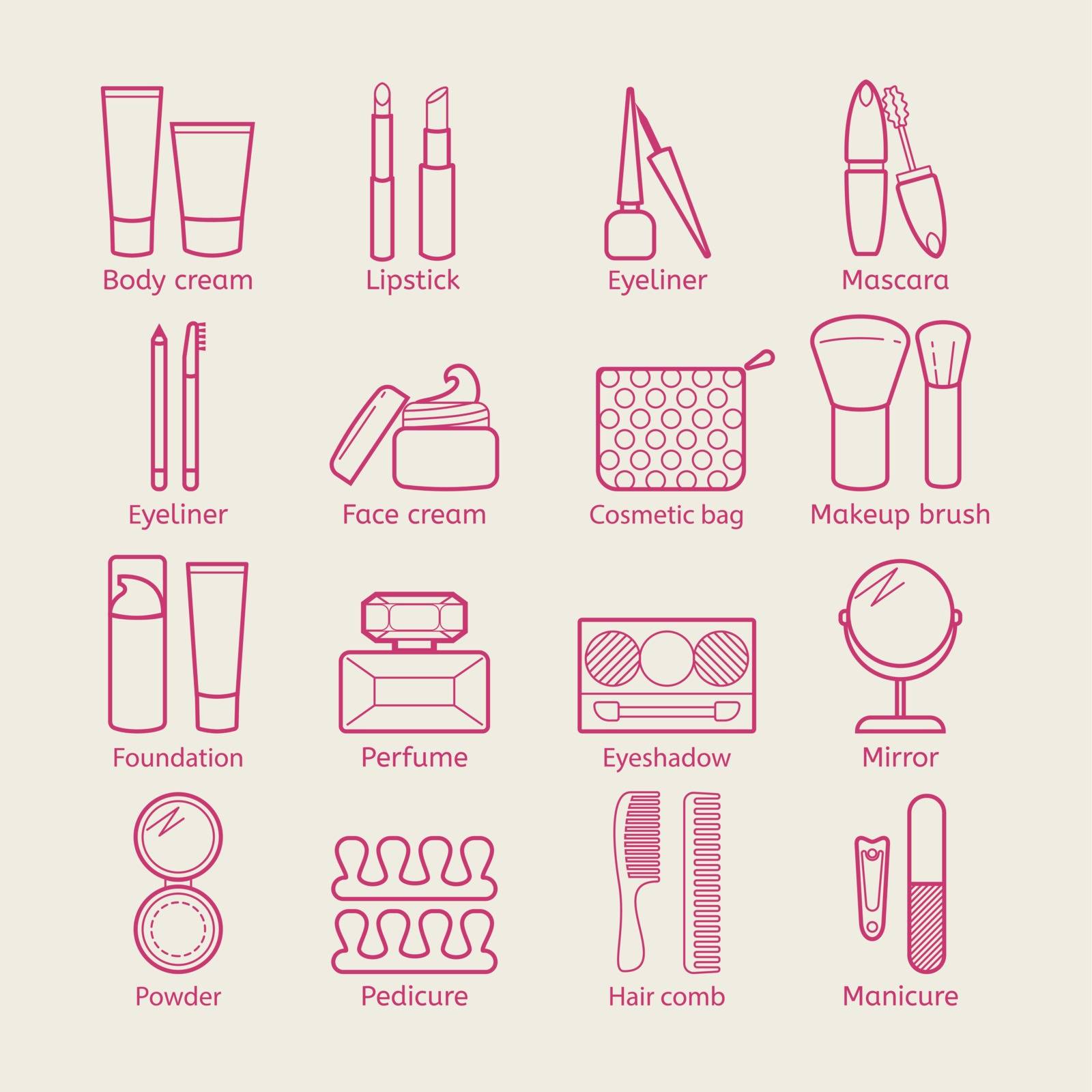 Vector cosmetic icons. Mascara, lipstick, powder, eye shadow, perfume, cream and other make-up items. Makeup thin linear signs for manicure, pedicure and Visage. by Elena_Garder