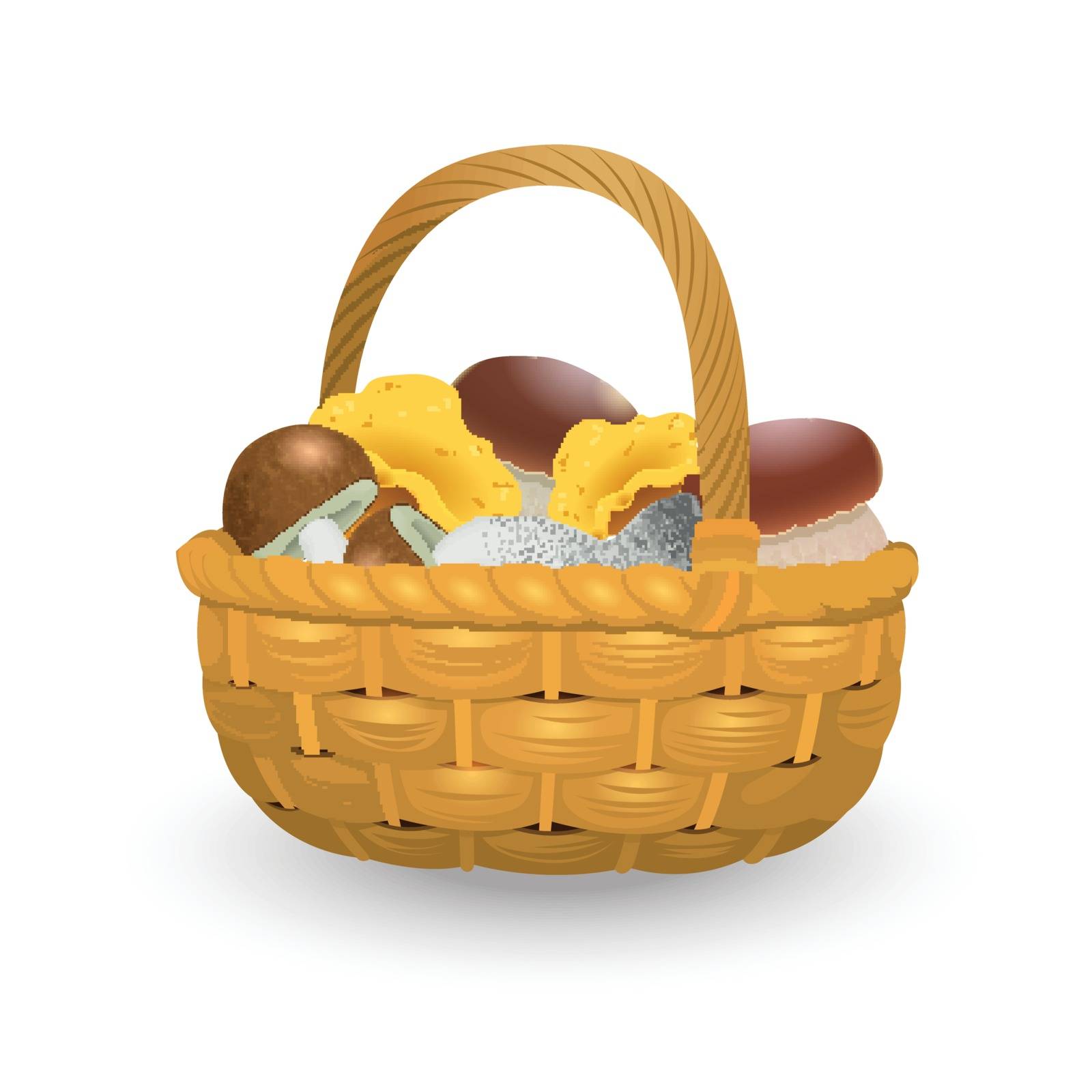 Wicker basket full of orange cap boletus and chanterelles isolated on white background. Vector