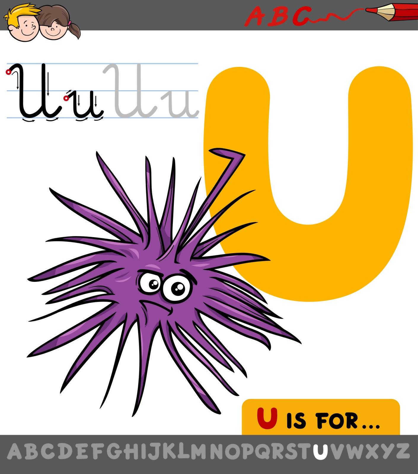 Educational Cartoon Illustration of Letter U from Alphabet with Urchin Sea Animal Character for Children