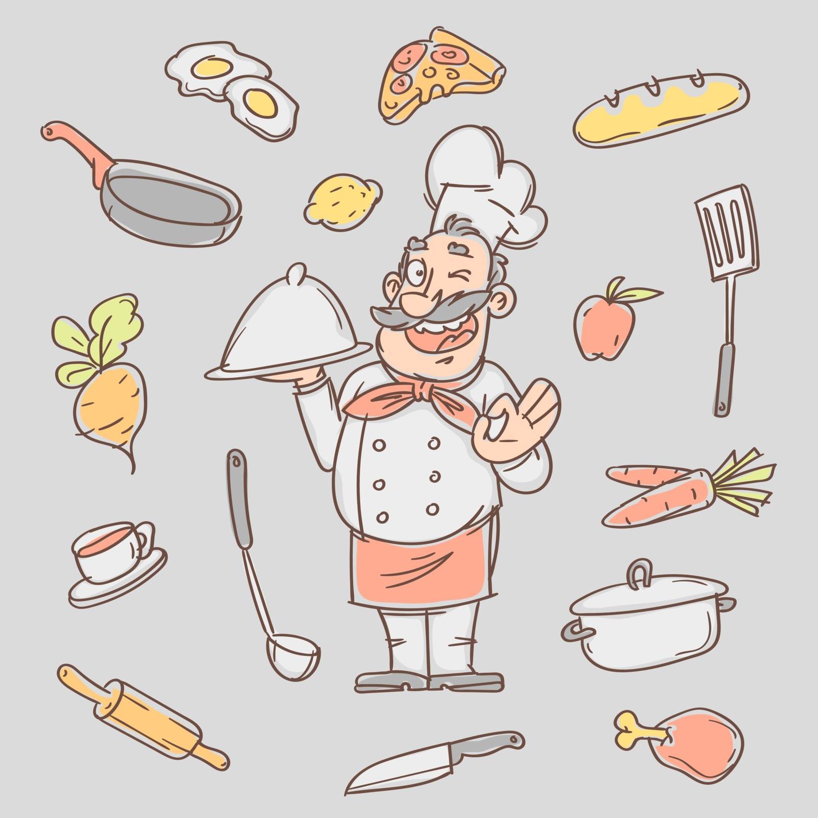 Drawing sketch cook and various kitchen objects. Vector illustration. Sketch Doodle.