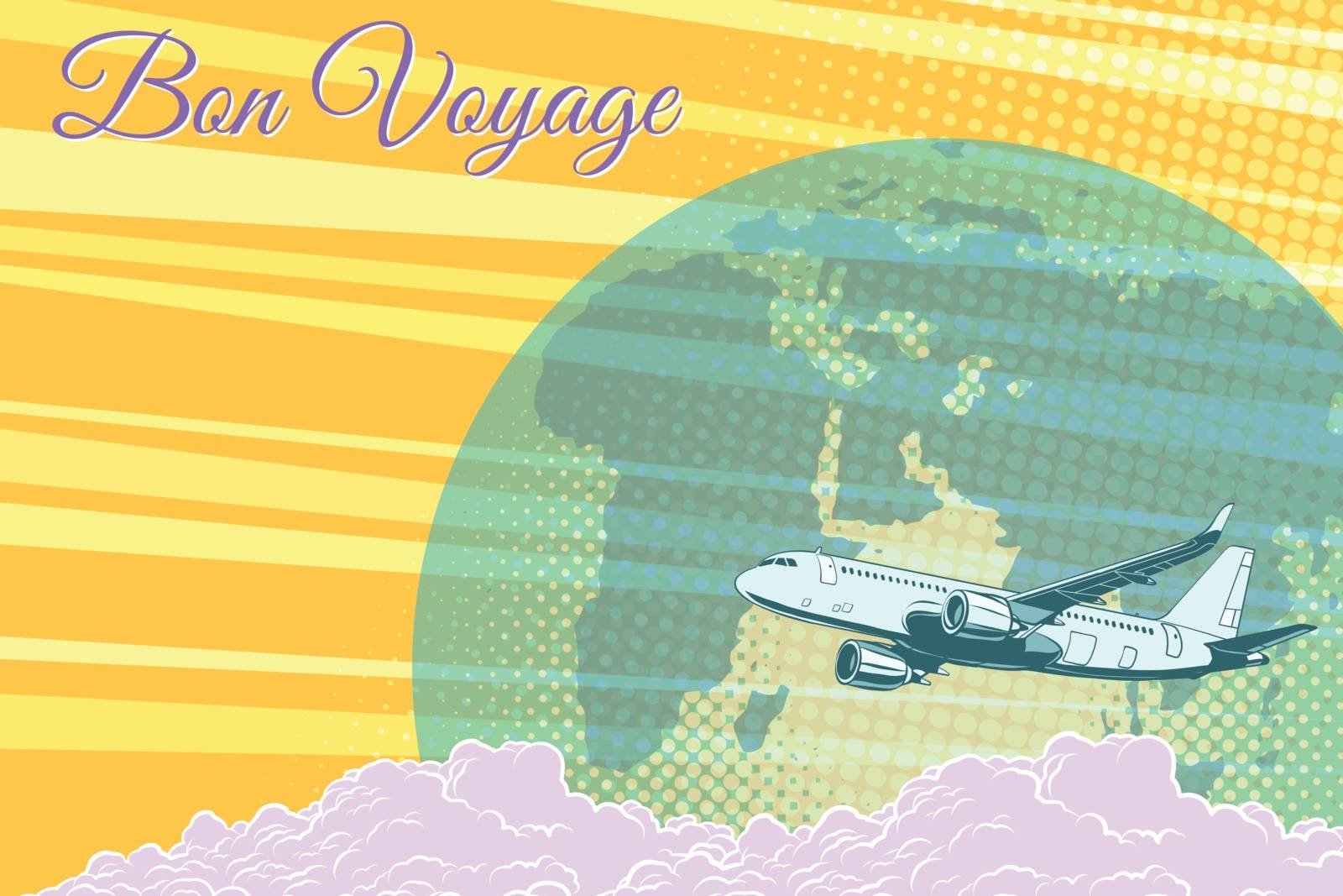Plane flight travel tourism retro background Bon voyage. Pop art vector illustration