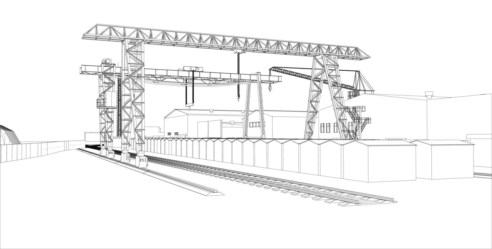 Industrial zone with buildings and cranes. Vector rendering of 3d