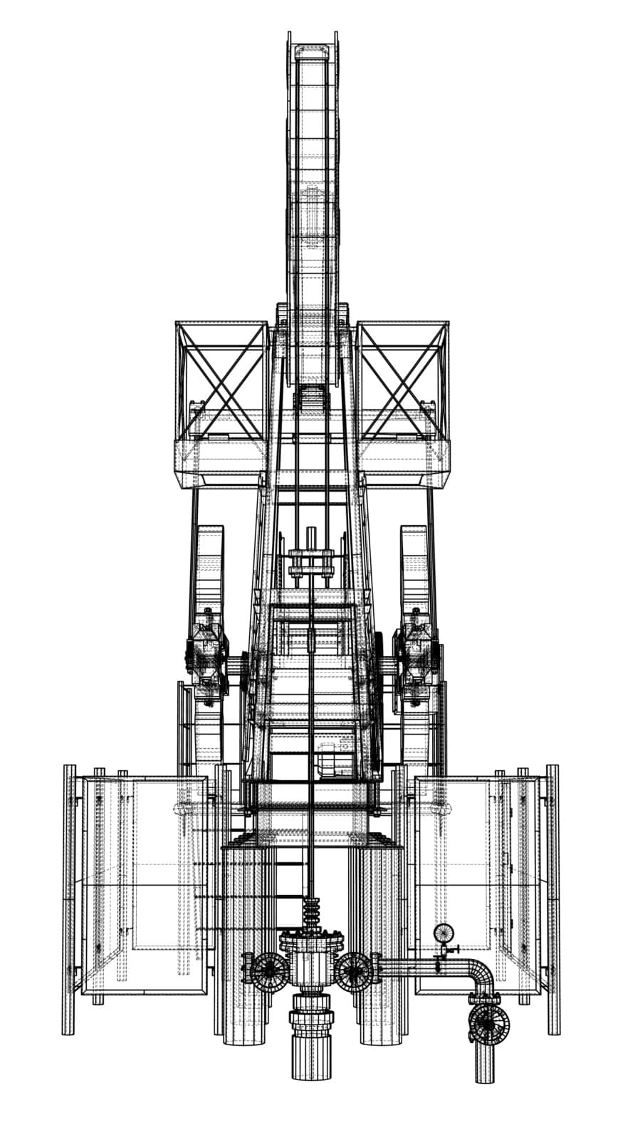 Oil pump jack in wire-frame style. Vector rendering of 3d