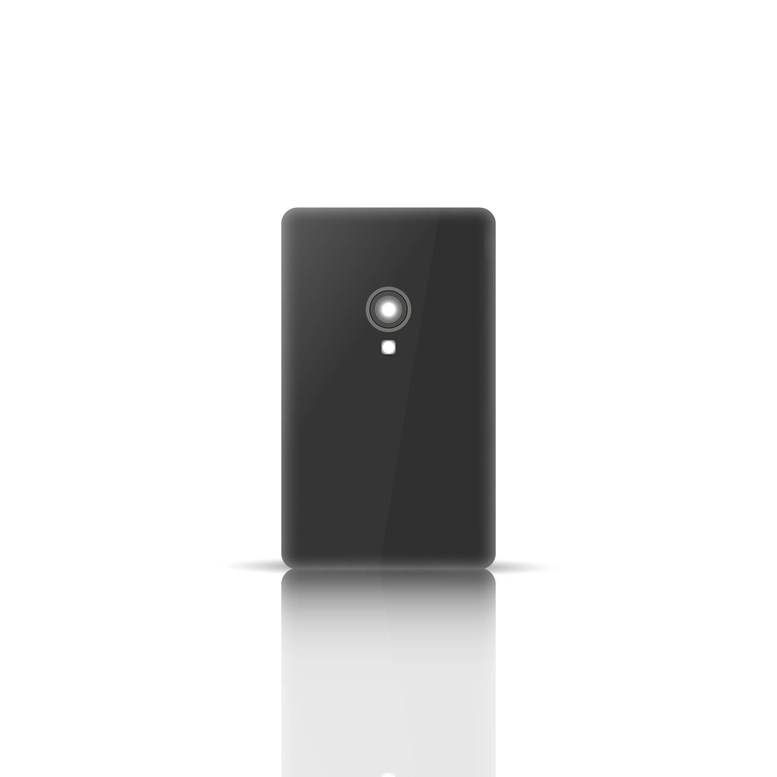Photorealistic mobile phone with a mirror reflection, isolated on white background. Back side. Element for design of digital devices, vector illustration.
