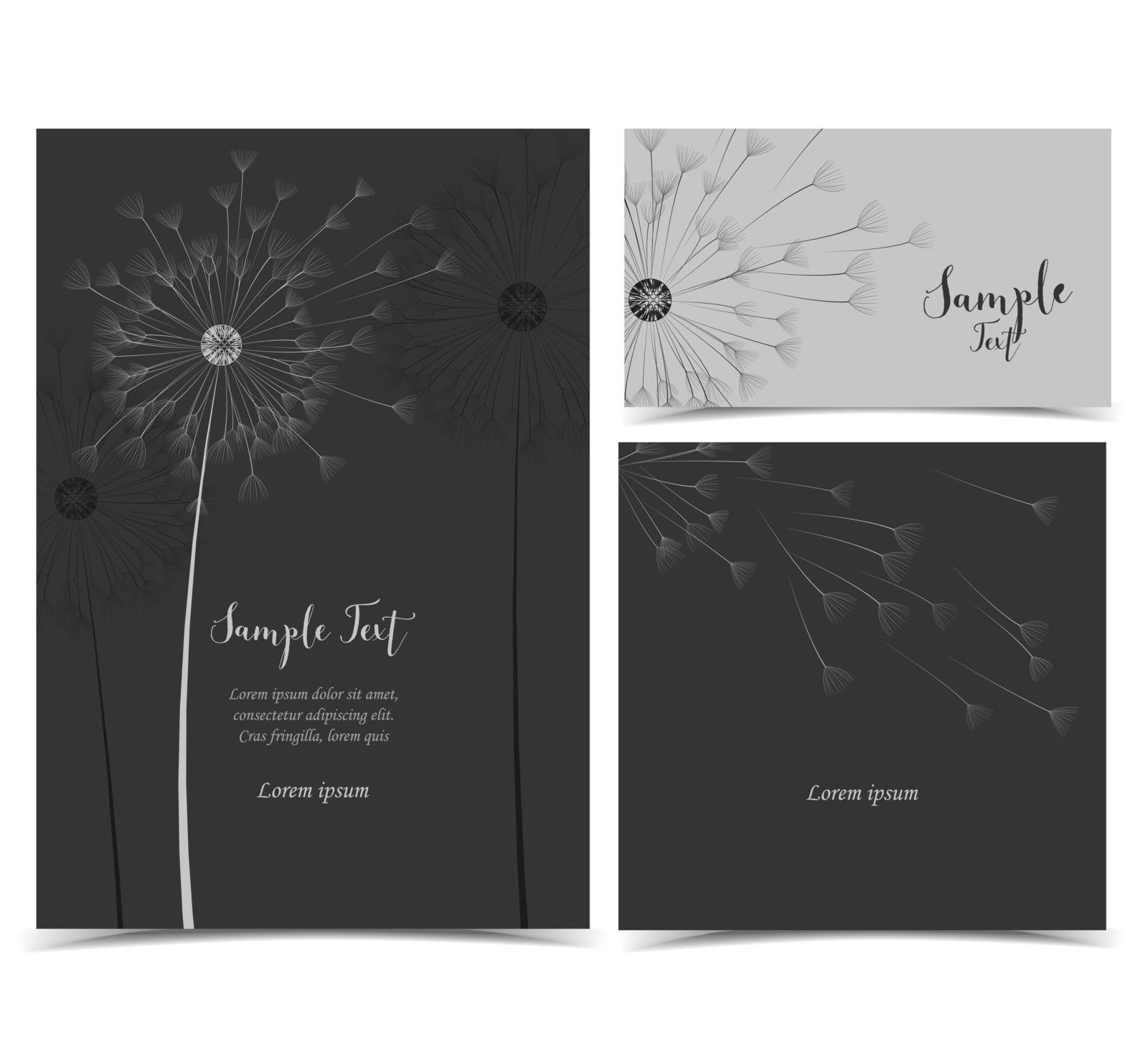 Vector illustration of dandelion flower. Dark background with flowers with place for text. Set of greeting cards