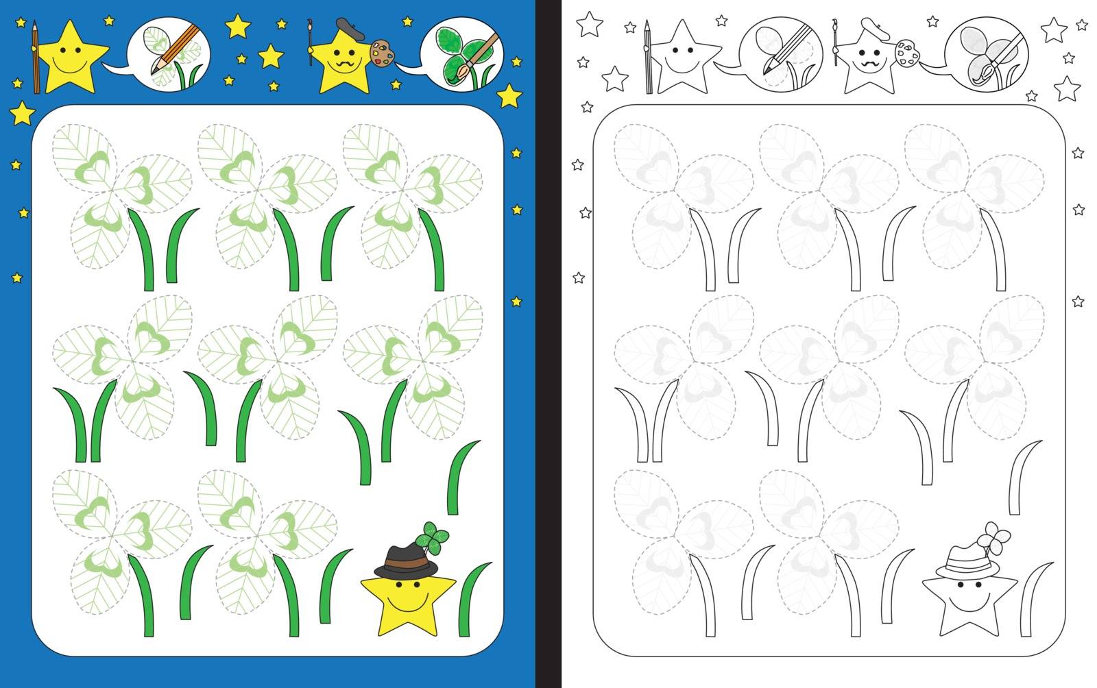 Preschool worksheet for practicing fine motor skills - tracing dashed lines of illustrated clover leaves