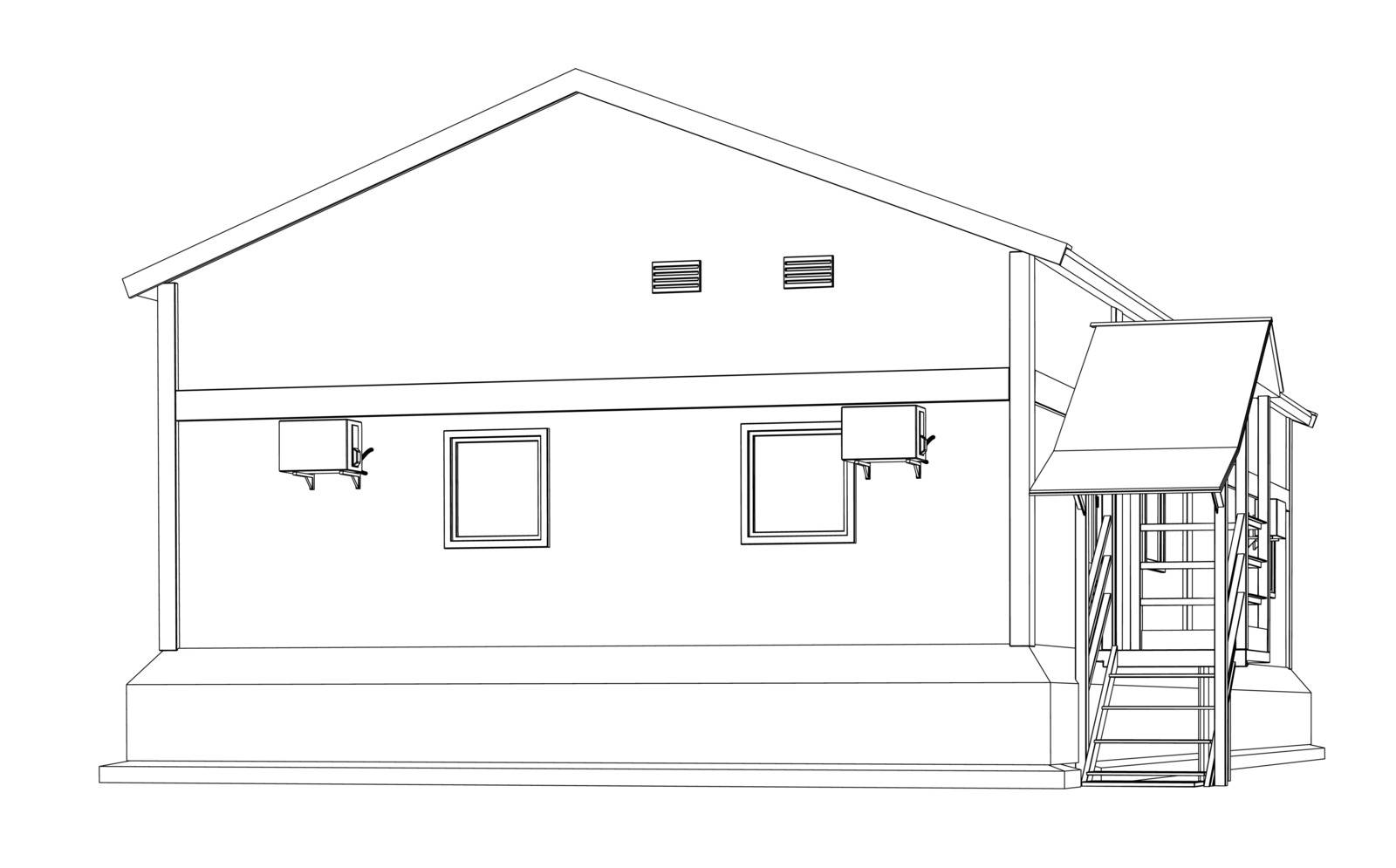 Wire-frame industrial building on the white background. Vector rendering of 3d. Wire-frame style