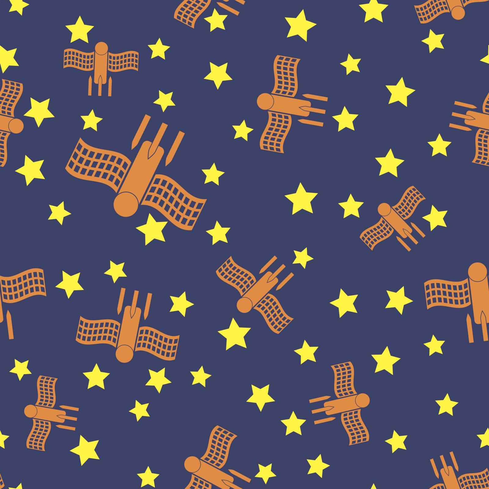 Spaceship Seamless Pattern on Blue. Spacecraft Background. Aliens Fly on Star Sky