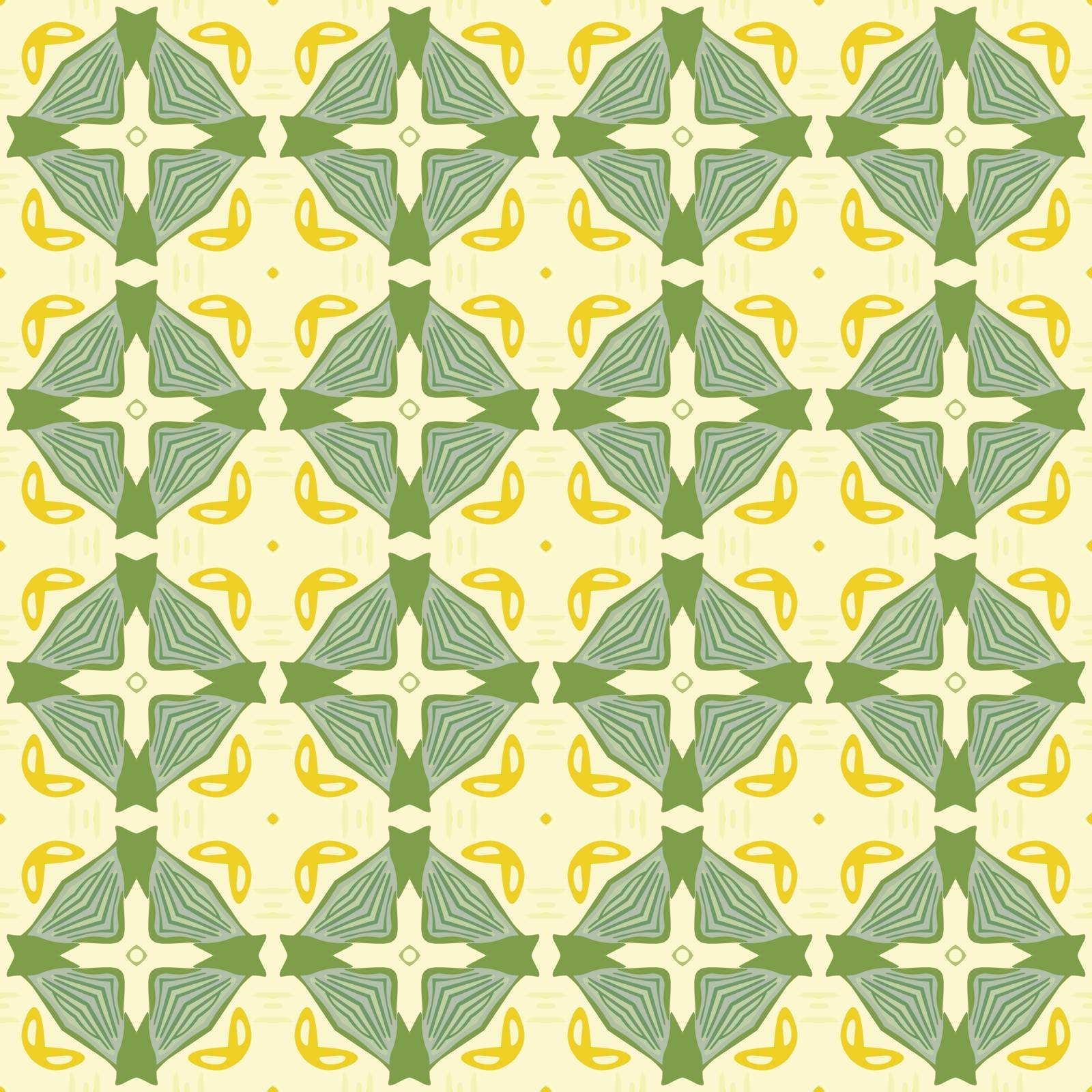 Seamless illustrated pattern made of abstract elements in beige,yellow and green