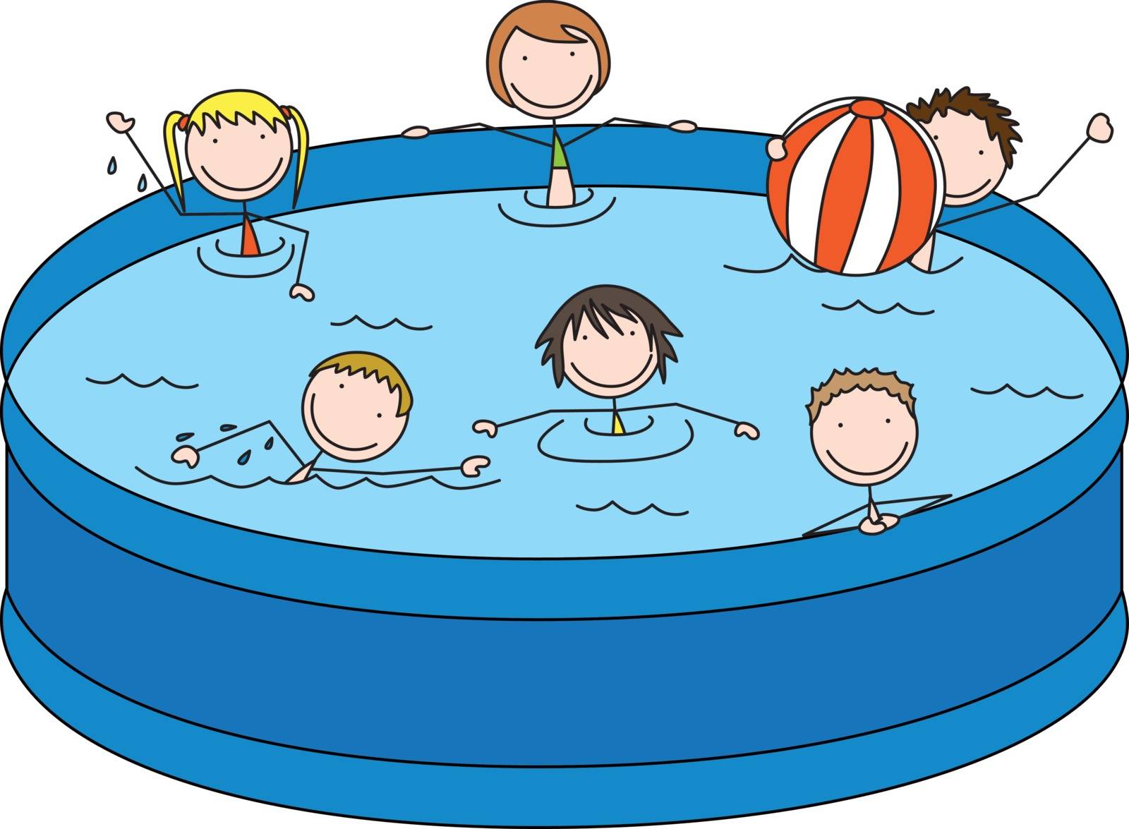Cartoon illustration of six kids in a pool
