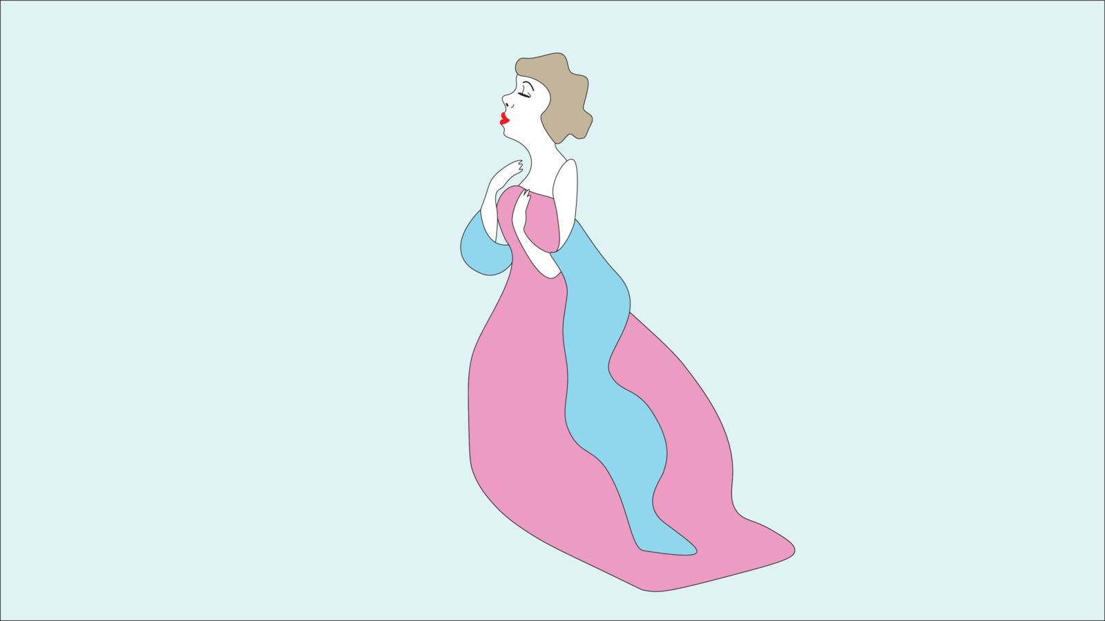 Slender graceful woman in a pink dress and a blue cape.