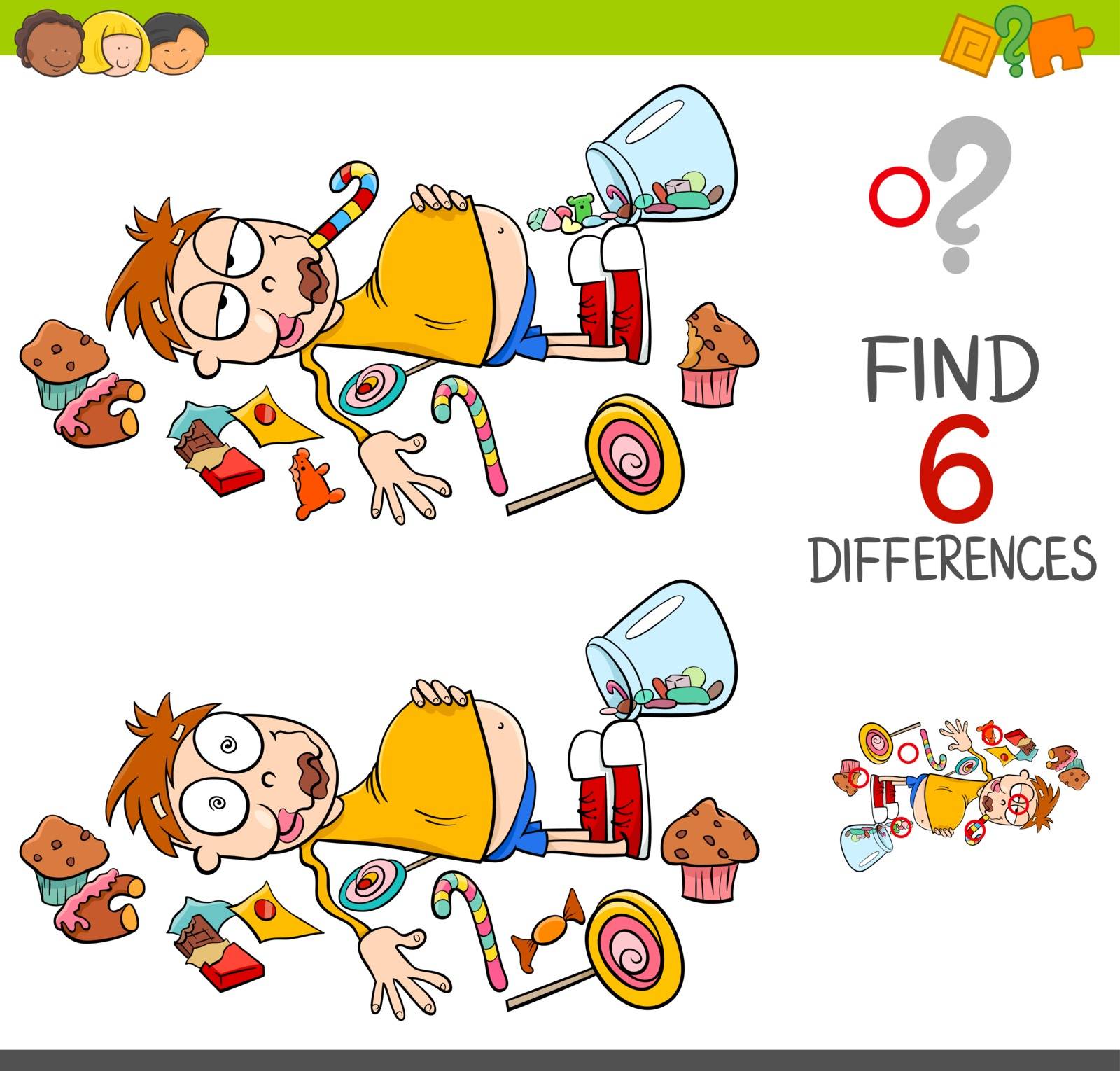Cartoon Illustration of Spot the Differences Educational Activity Game for Children with Kid in a Candy Store