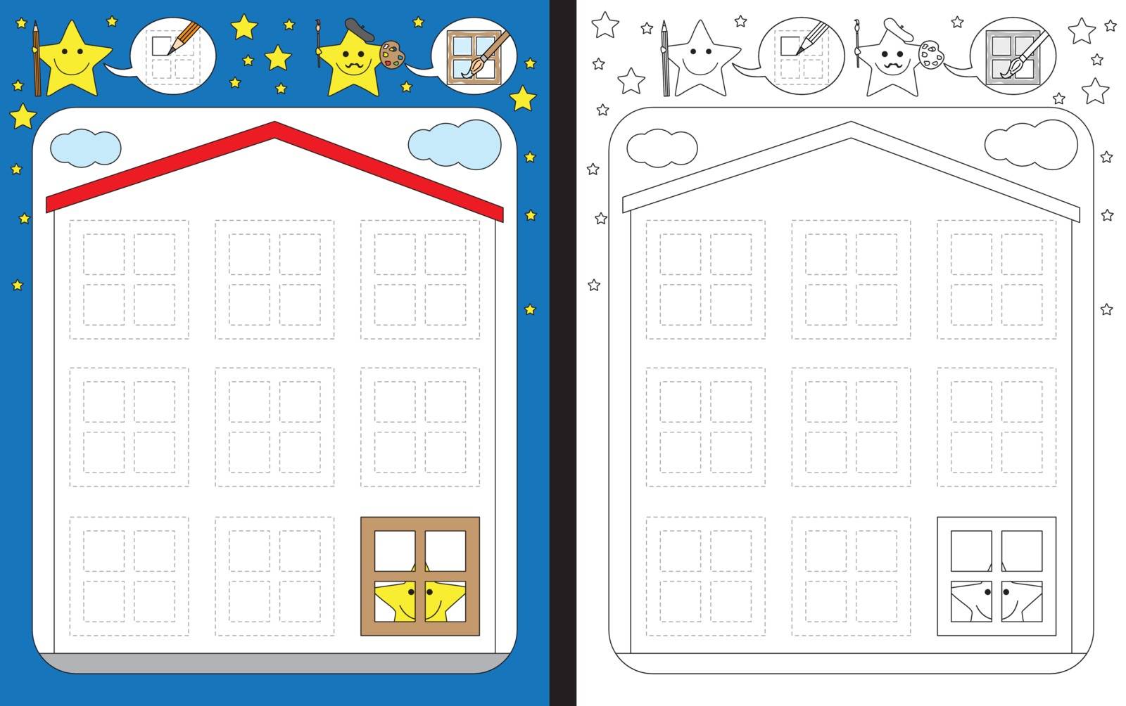 Preschool worksheet for practicing fine motor skills - tracing dashed lines of windows on a house