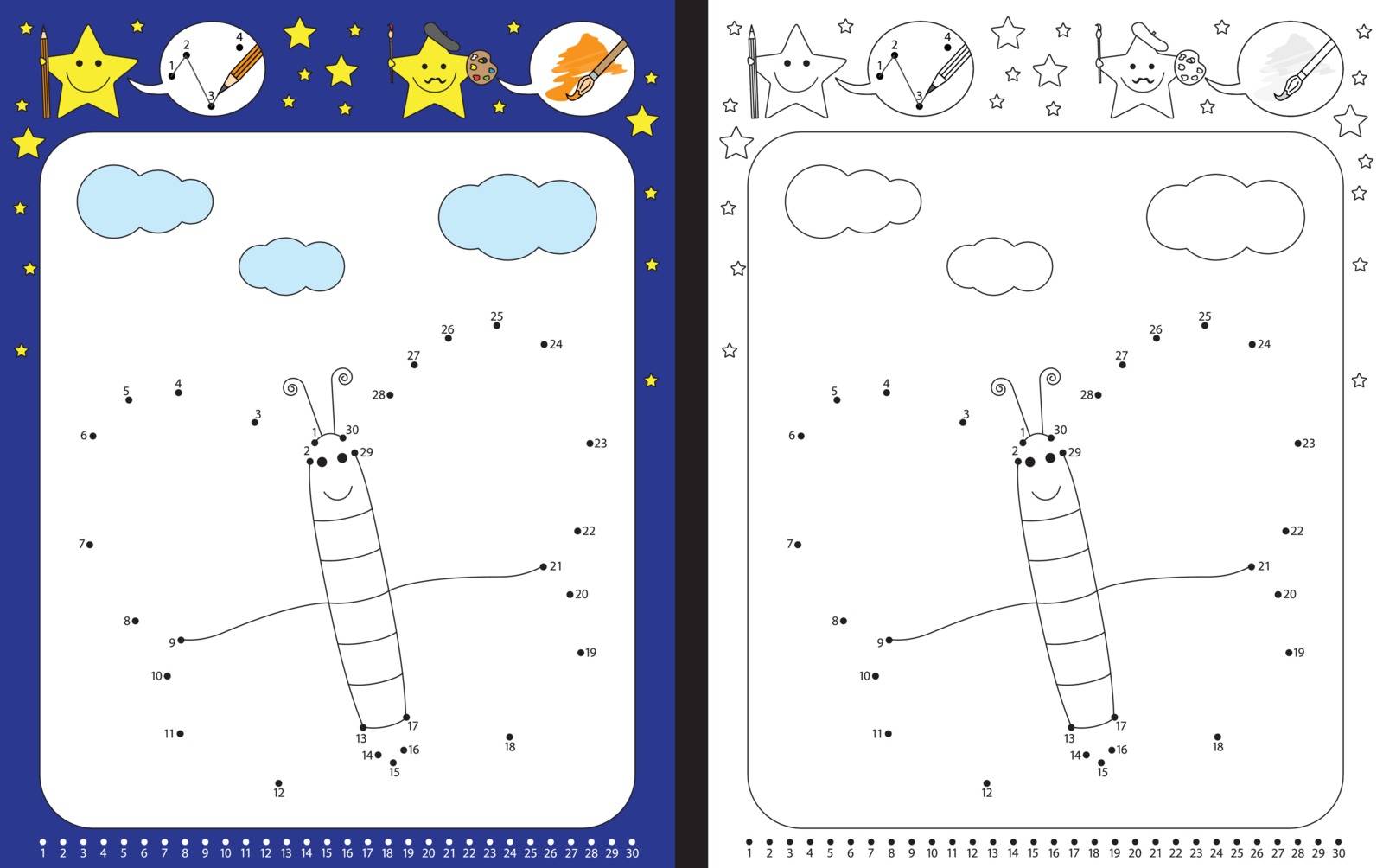 Preschool worksheet for practicing fine motor skills and recognising numbers - connecting dots by numbers - drawing illustration of a butterly
