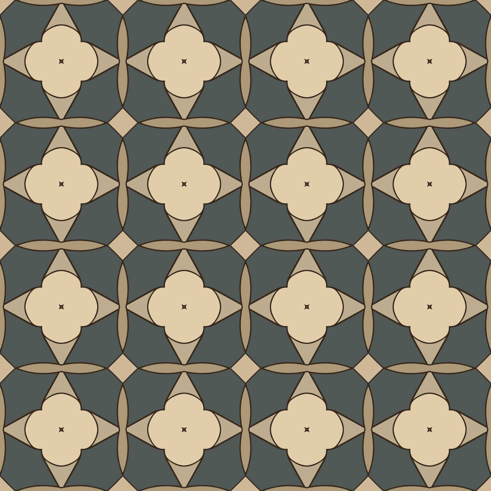 Seamless illustrated pattern made of abstract elements in beige, brown, green and black
