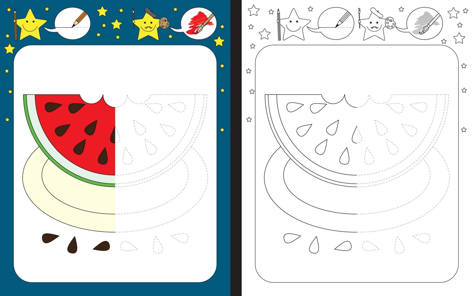 Preschool worksheet for practicing fine motor skills - tracing dashed lines - finish the illustration of watermelon slice on a plate