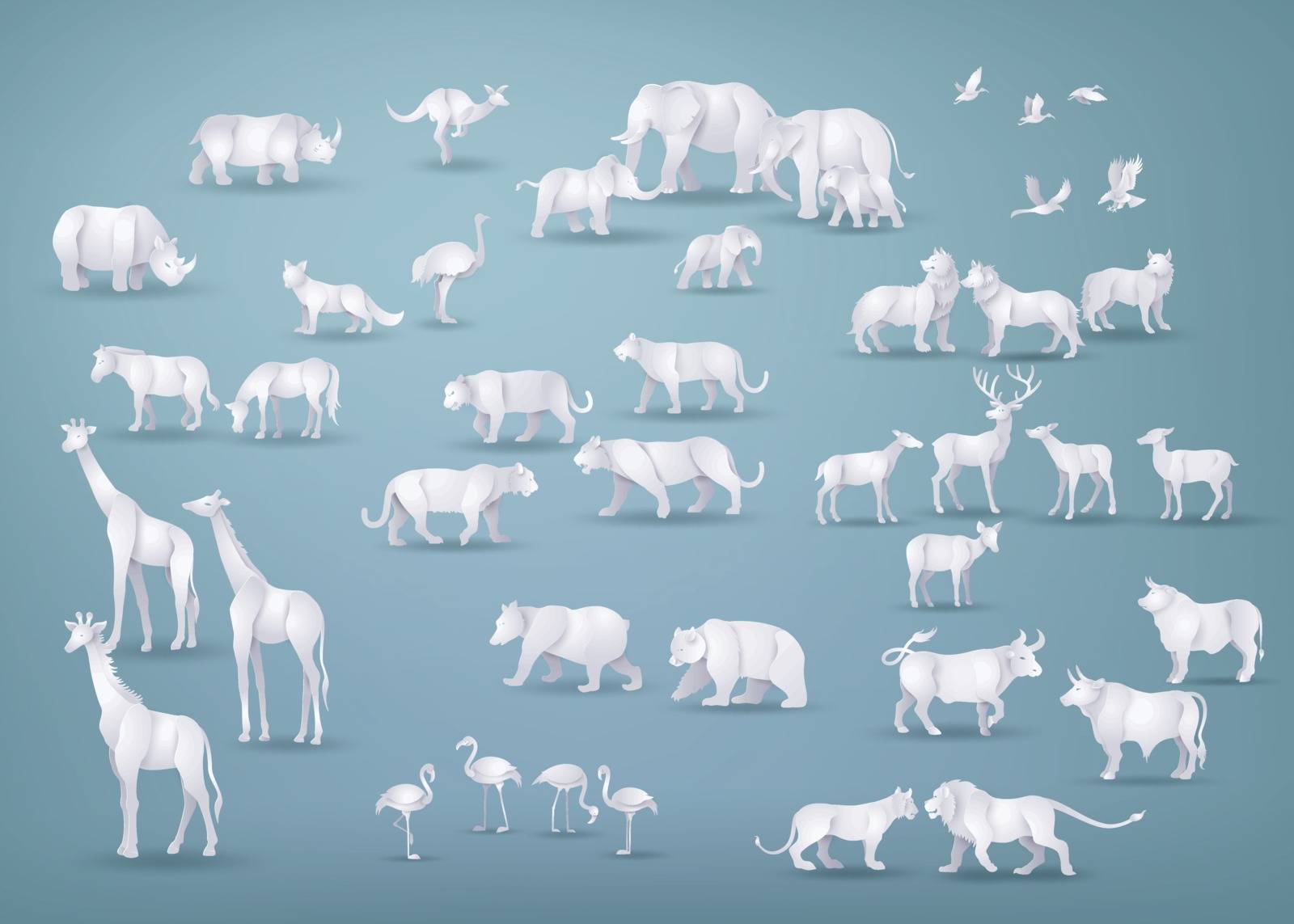 Illustration of wild animals in many types ,paper art and origami style.