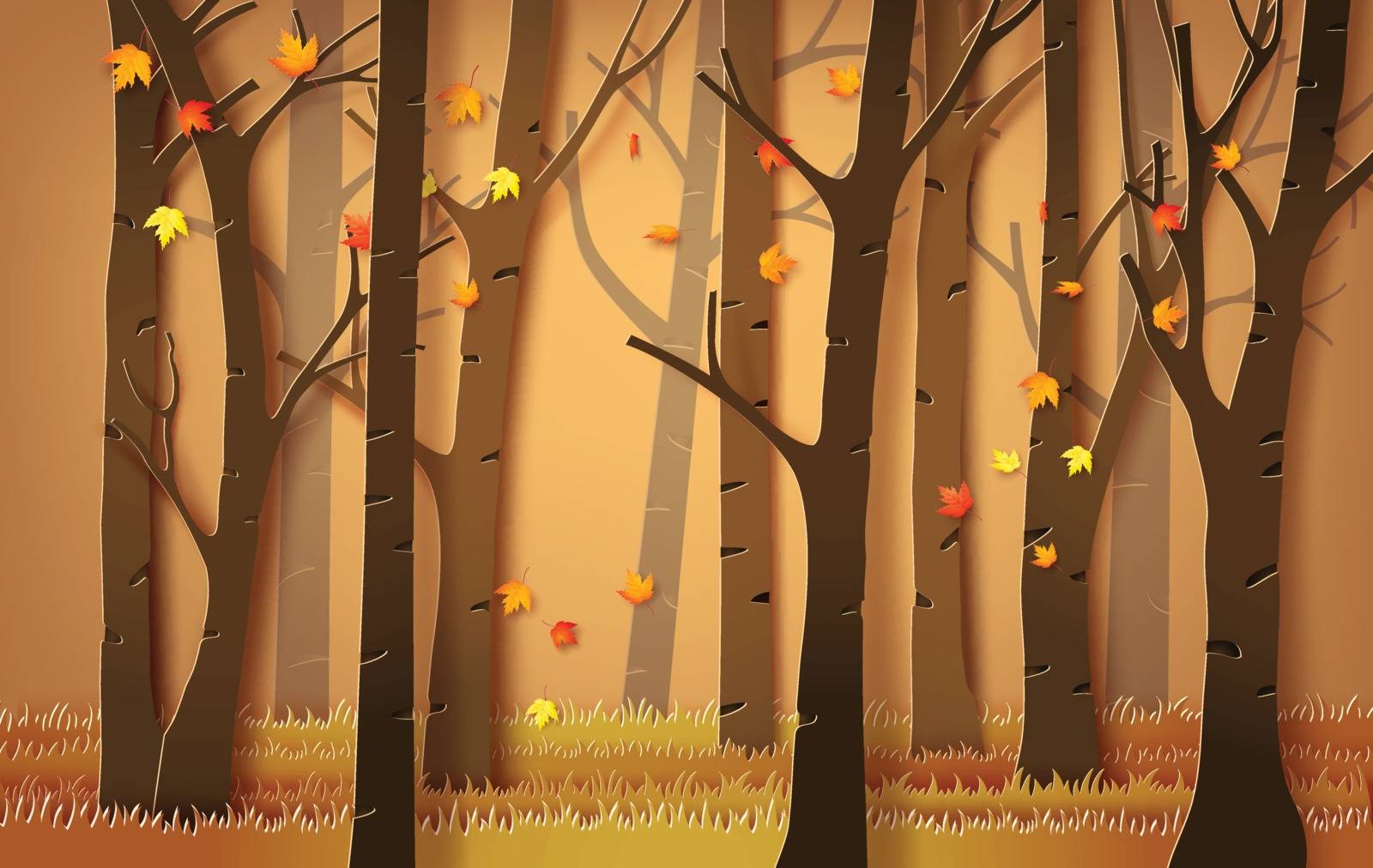 Autumnal forest with falling maple leaves. paper art style.