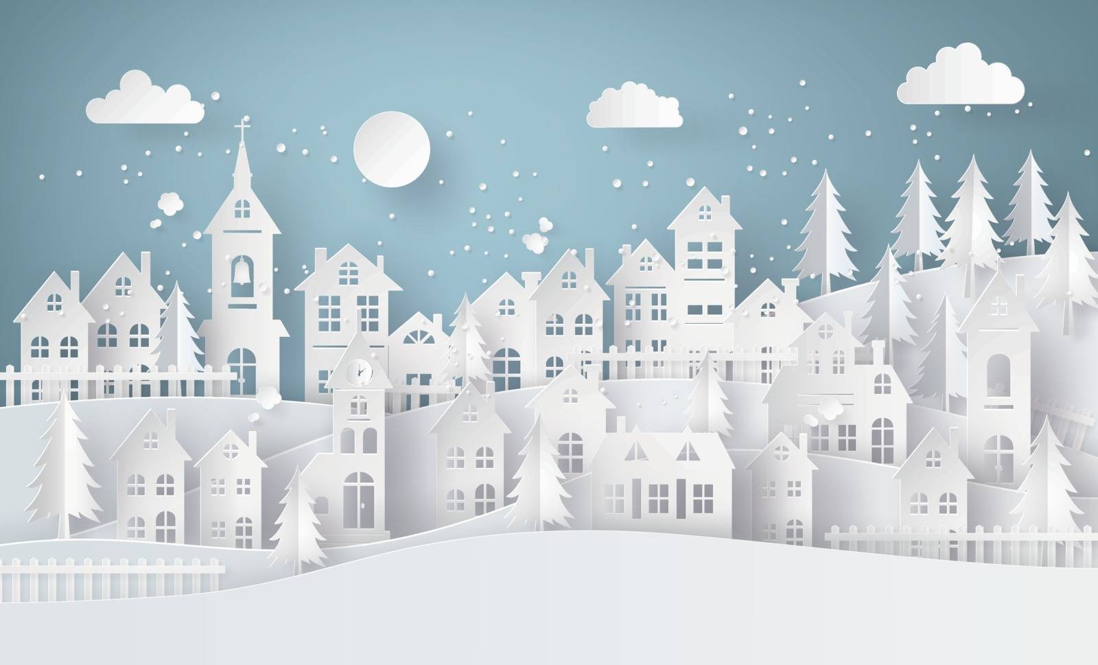 Winter Snow Urban Countryside Landscape City Village with full moon,paper art and craft style.