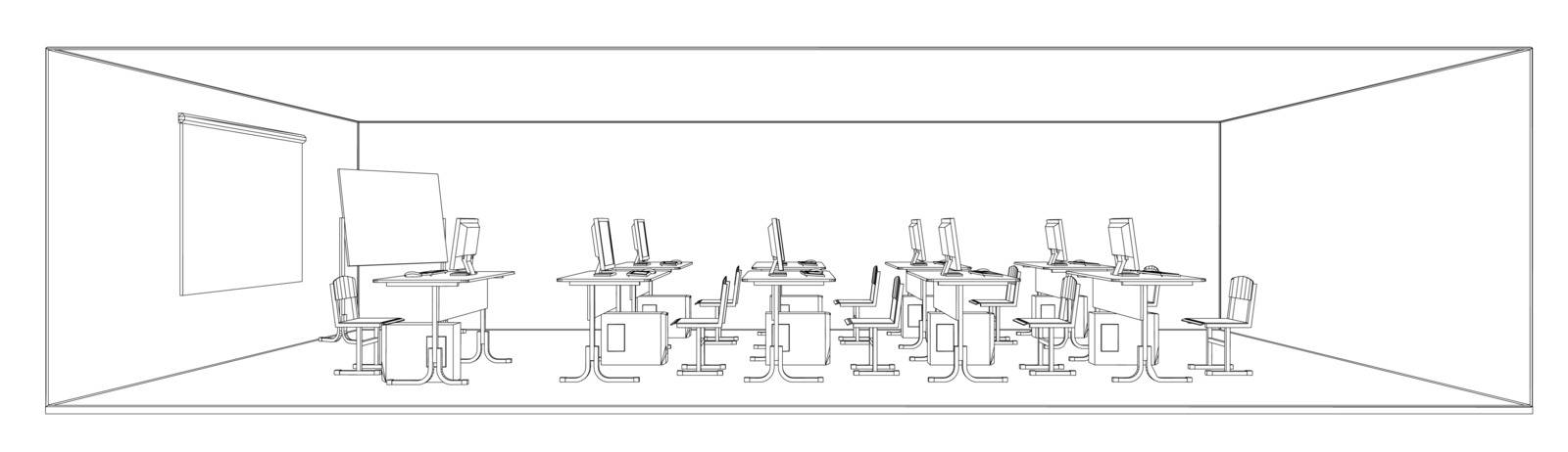 Computer class with tables and computers. Vector illustration rendering of 3d