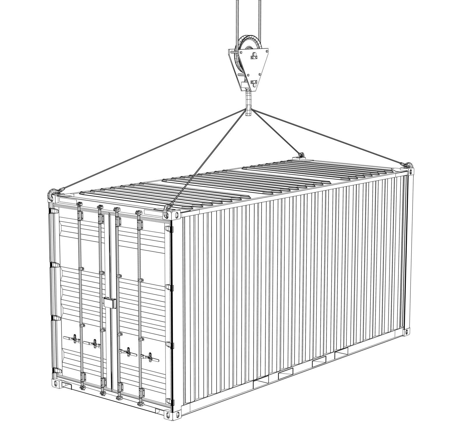 Cargo container hanging on hook of crane. Vector rendering of 3d