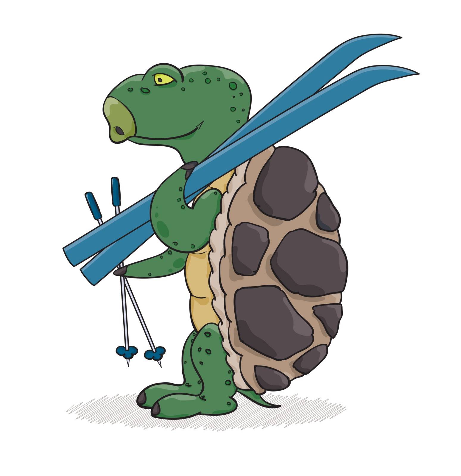 Turtle with blue skis ready for skiing. Cartoon illustration.