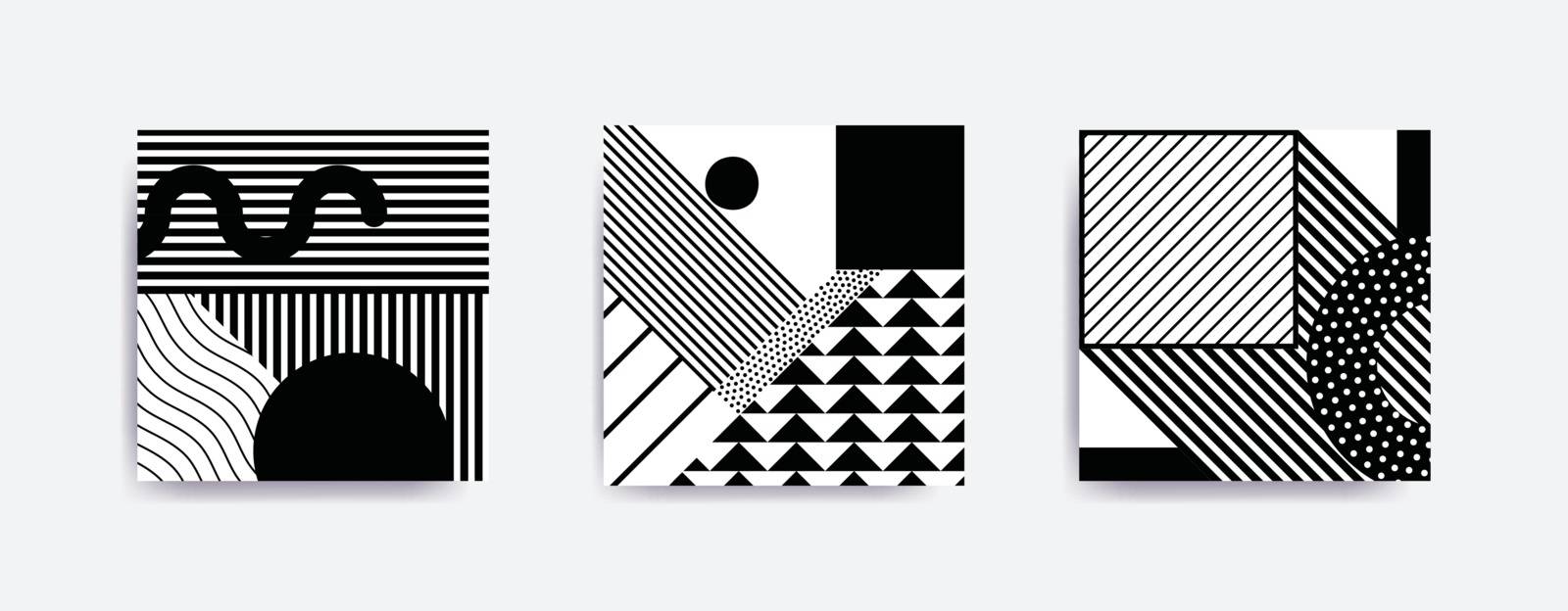 Black and white trendy geometric poster set juxtaposed with bright bold blocks of color zig zags, squiggles, erratic images. Design background elements composition. Magazine, leaflet, billboard