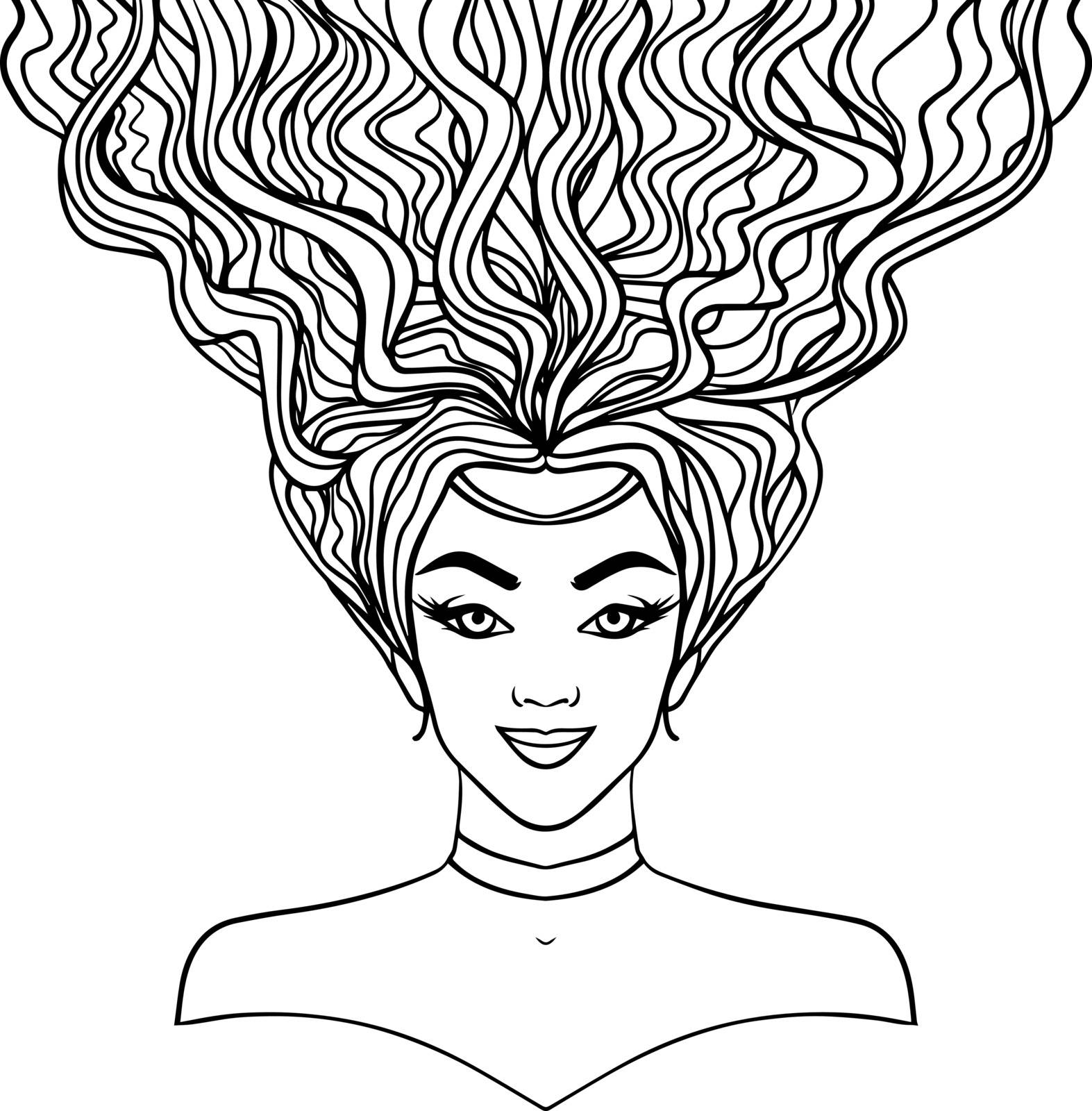 black and white vector illustration of a beautiful young woman