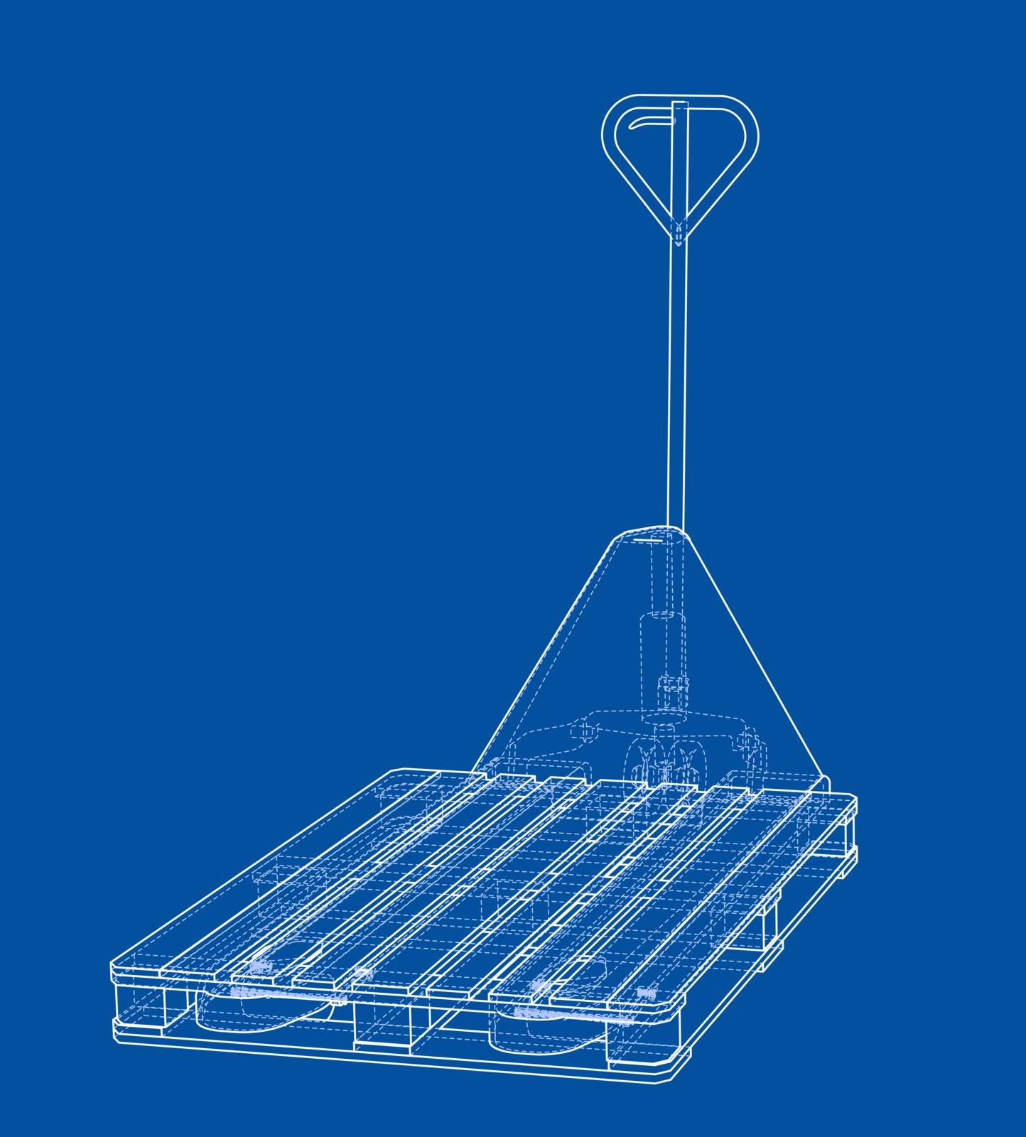 Hand pallet truck with pallet. Vector rendering of 3d. Wire-frame style. The layers of visible and invisible lines are separated
