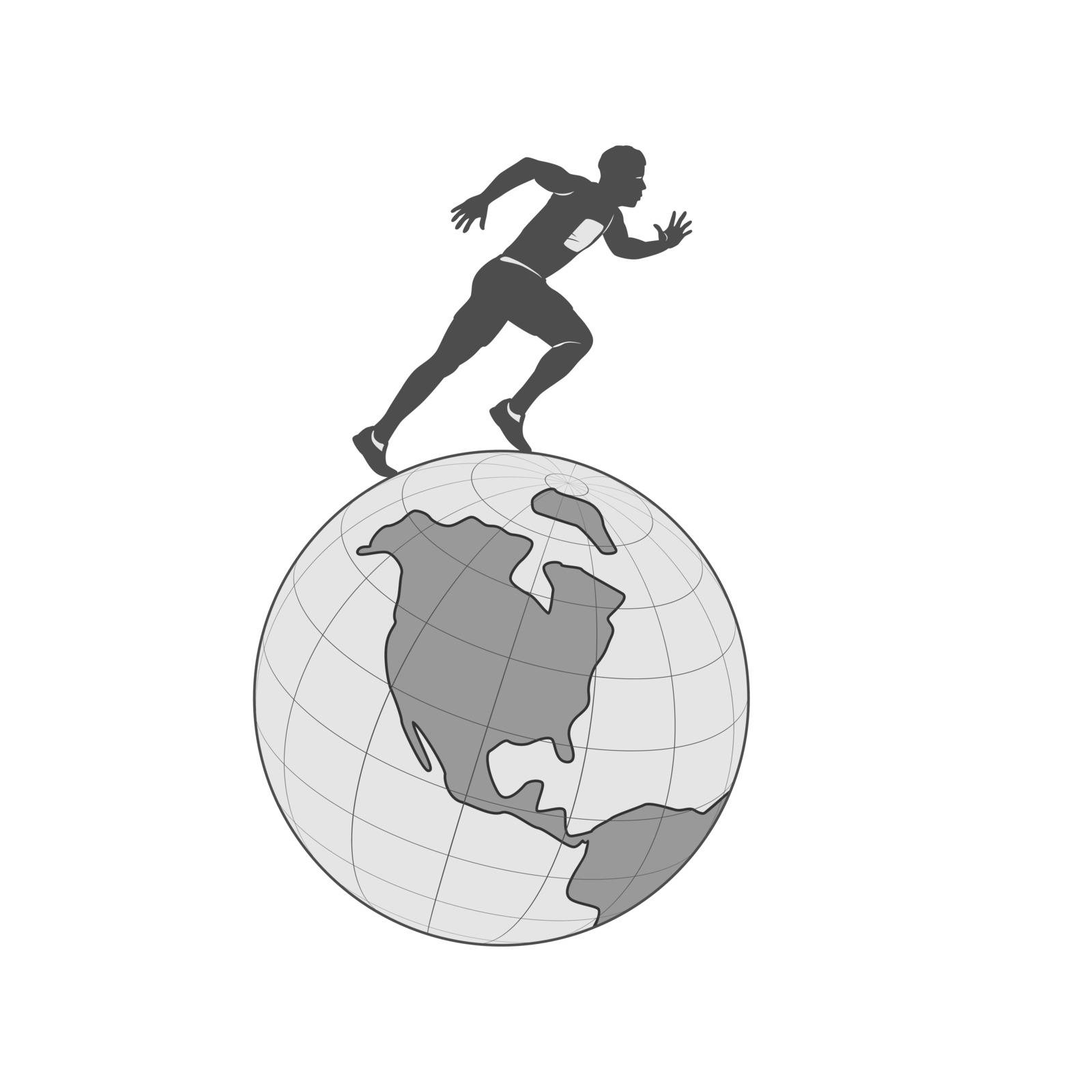 the male sprinter runs quickly over the surface of the globe. isolate on white background.