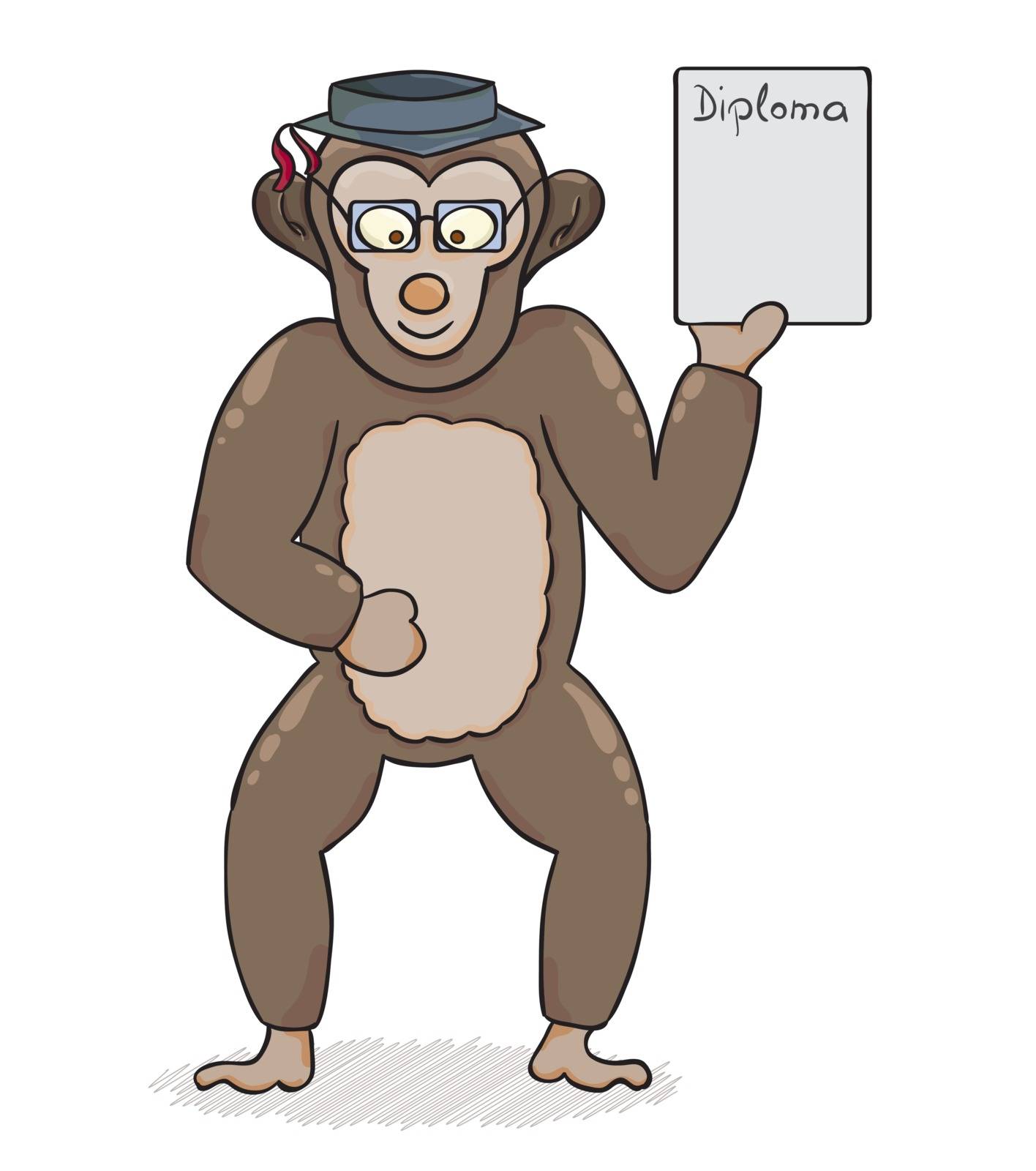 Clever monkey with glasses and diploma. Cartoon illustration.