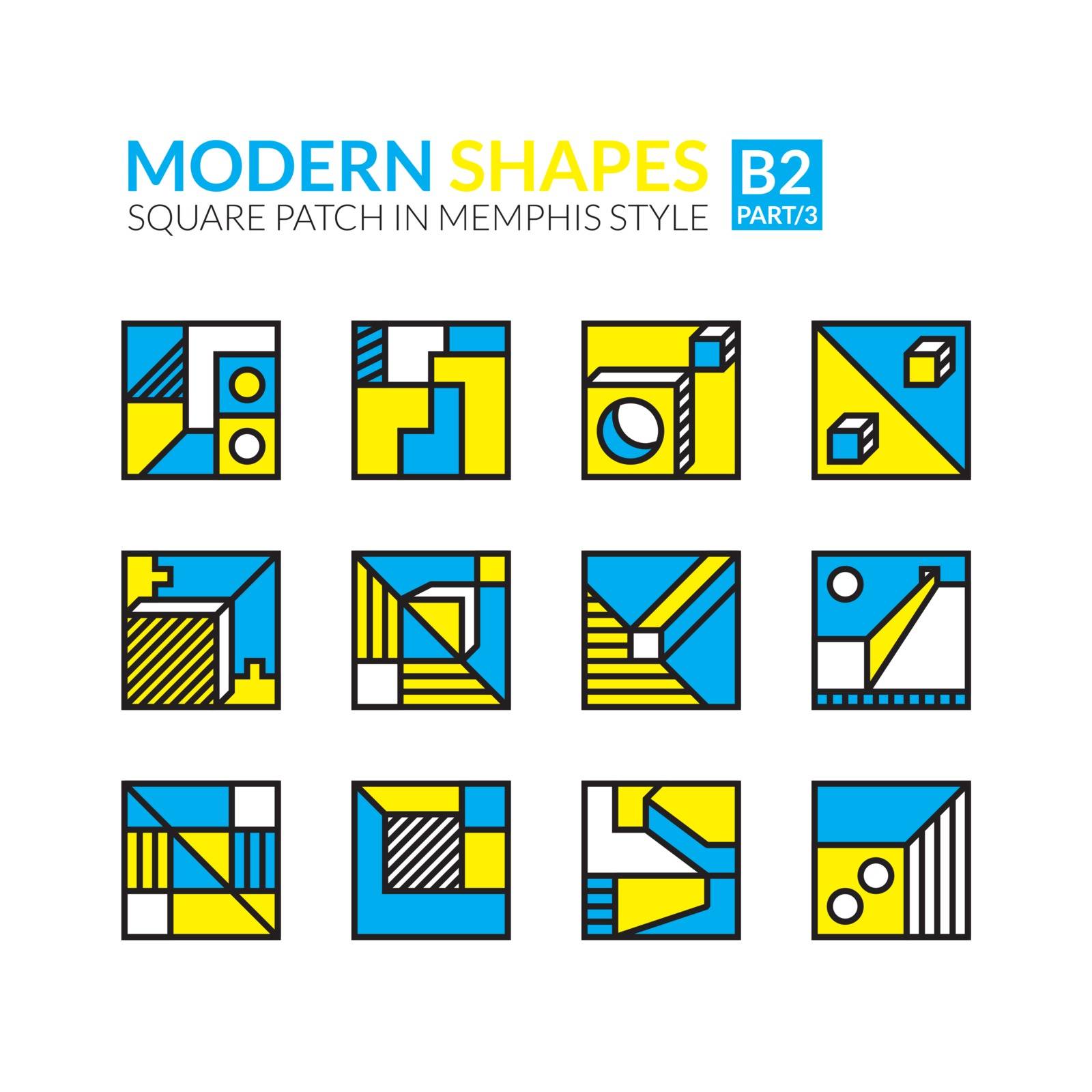 Simple easy editable linear modern shapes. Set of twelve square minimal patches in memphis style