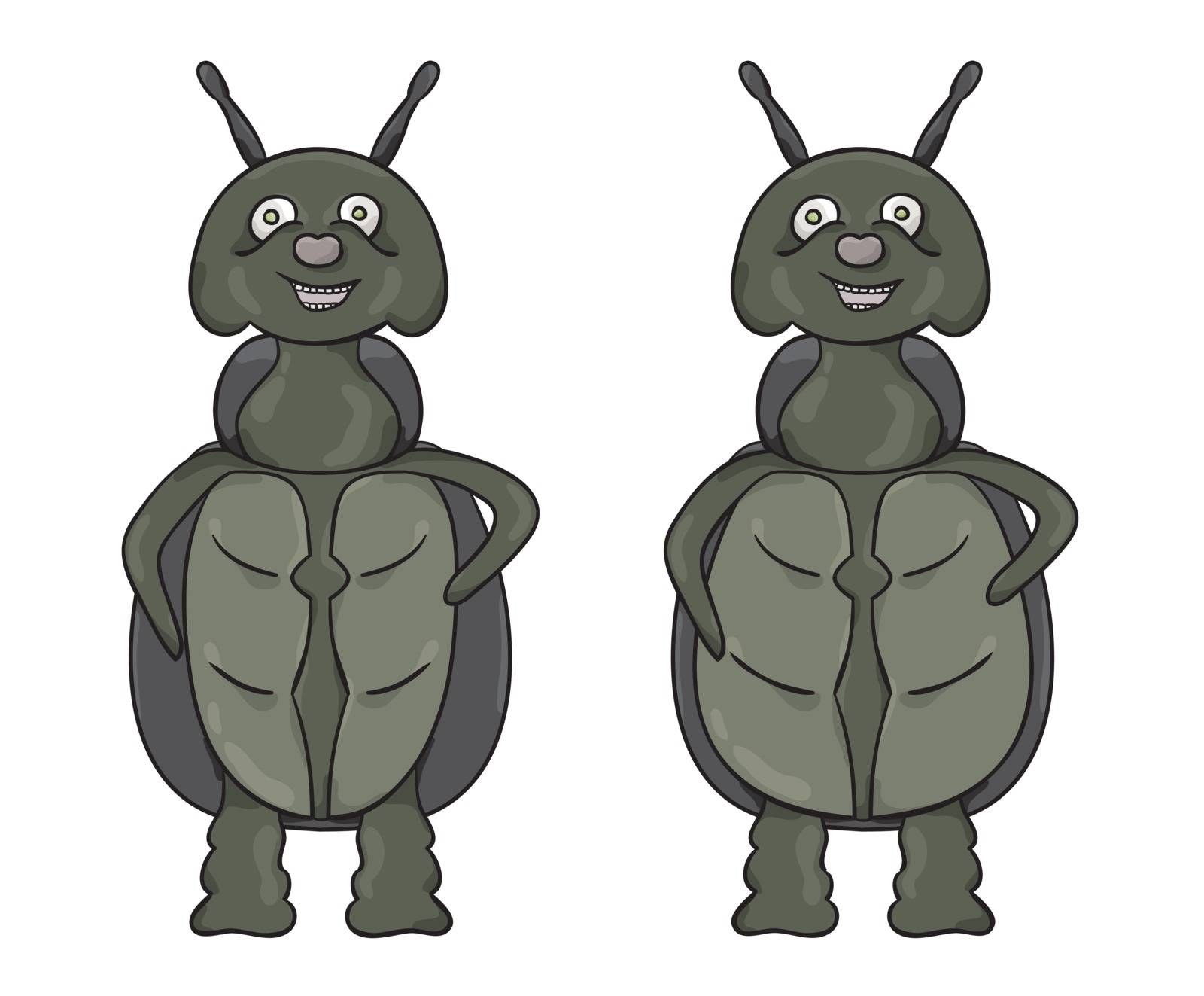 Slim and fat dark green bug. Cartoon illustration.