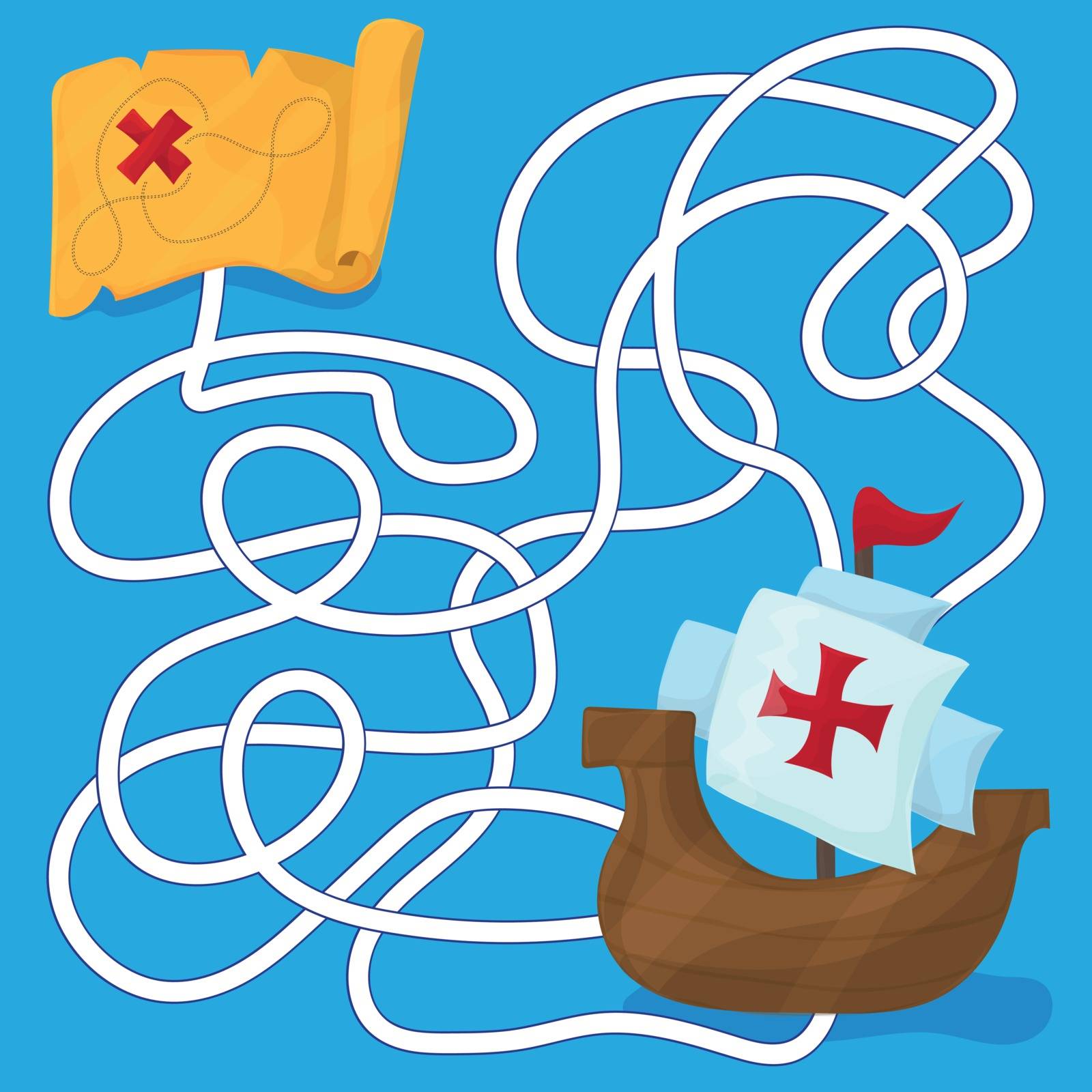 Maze in cartoon style. The ships of Christopher Columbus. Children s game labyrinth. Kids puzzle. Vector illustration